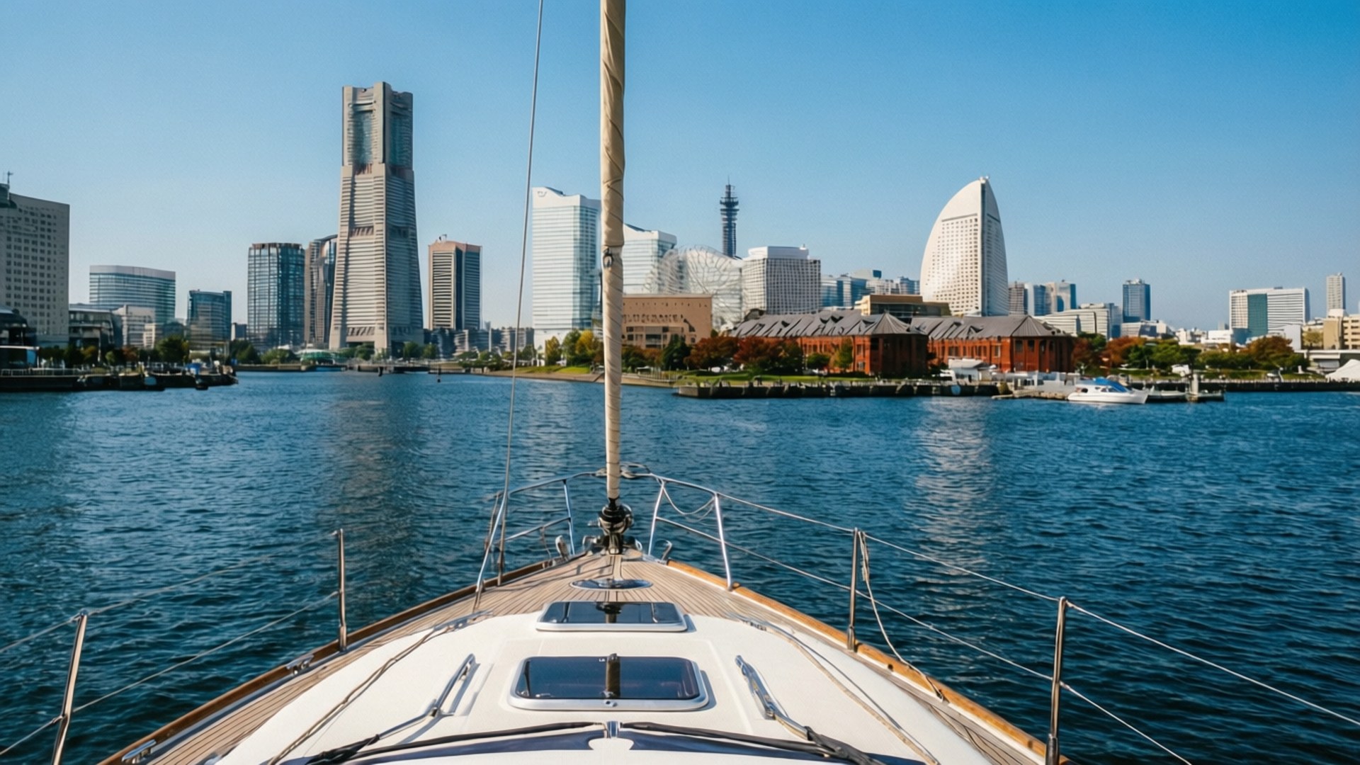 Yokohama From Tokyo Bay 壁紙 — 帆船在平靜的藍色海面上滑行，朝向晴朗藍天下的現代城市天際線。