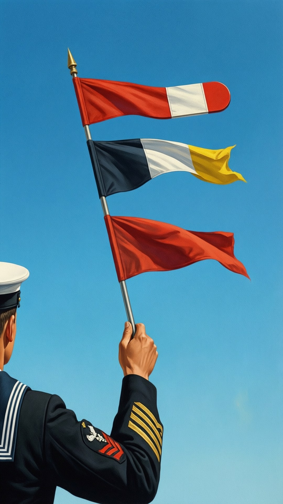 Semaphore Signals 壁紙 — 一名身穿制服的水手在晴朗的藍天下揮舞著三面海軍信號旗。
