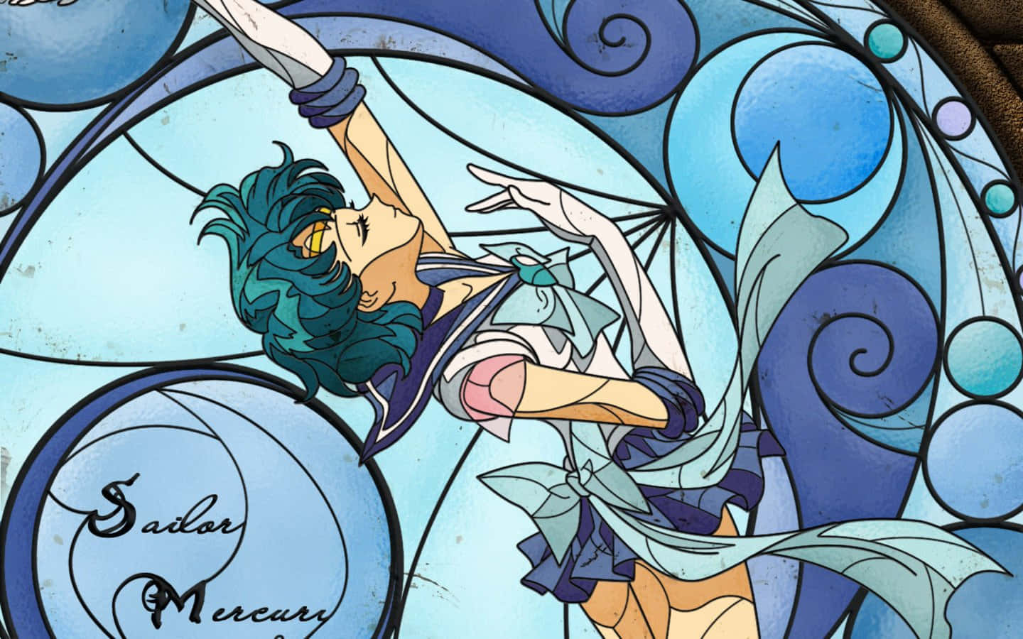 Sailor Mercury 桌布 壁紙 — Sailor Mercury 在彩色玻璃藝術品中以動態姿勢呈現，帶有旋轉的藍色圖案和她的名字刻入其中。
