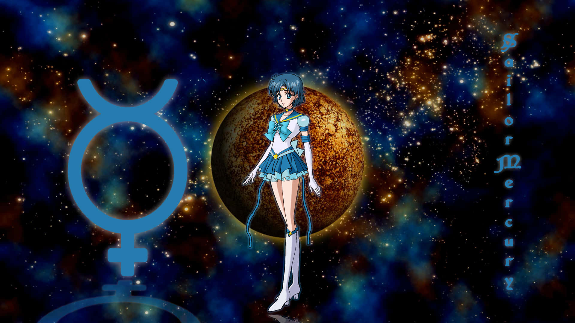 動漫 桌布 壁紙 — Sailor Mercury 在星光宇宙背景下站在發光行星前，她的標誌發出藍光。