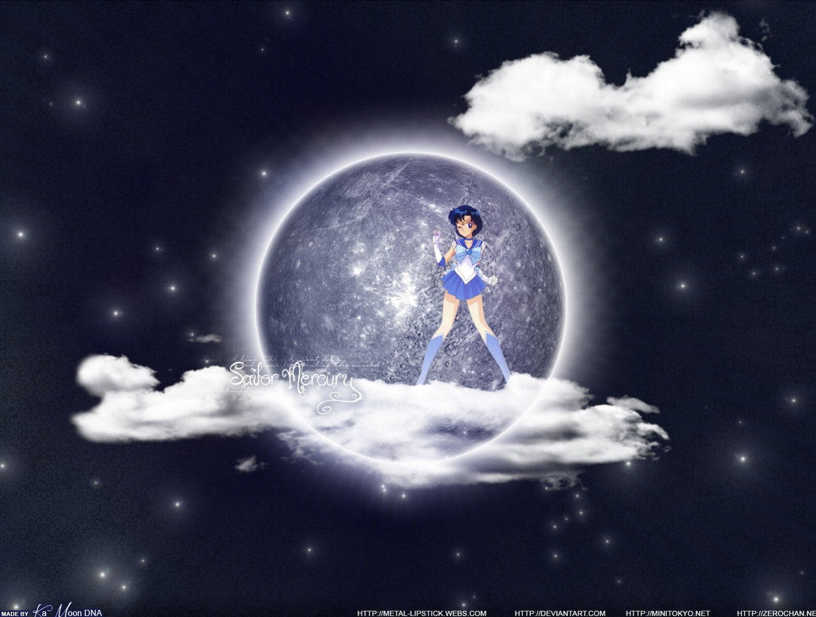 Sailor Mercury 站在繁星夜空中有雲朵的發光月亮上。 — 太陽系 GIF 壁紙
