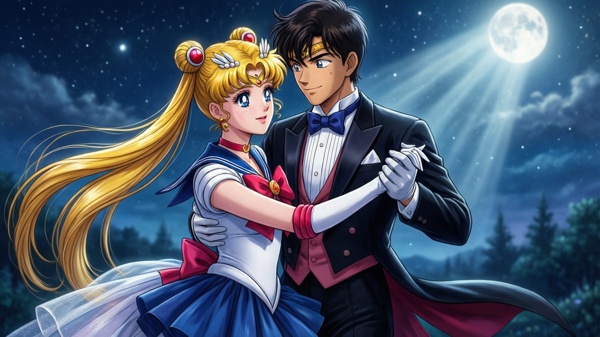 Usagi and Mamoru Moonlight Dance 壁紙 — 美少女戰士和禮服假面在明亮的月光下跳舞，背景有星星和森林樹木。