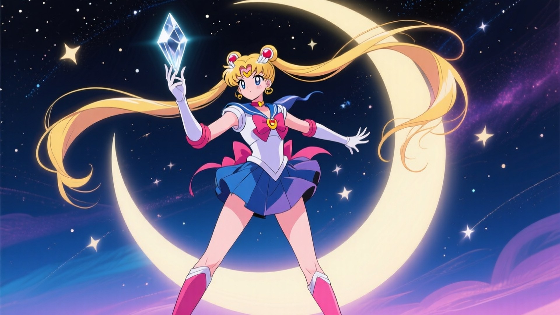Heroic Moonlight Stand 壁紙 — 美少女戰士英勇地站在新月背景下，在繁星點點的夜空中手持發光水晶。
