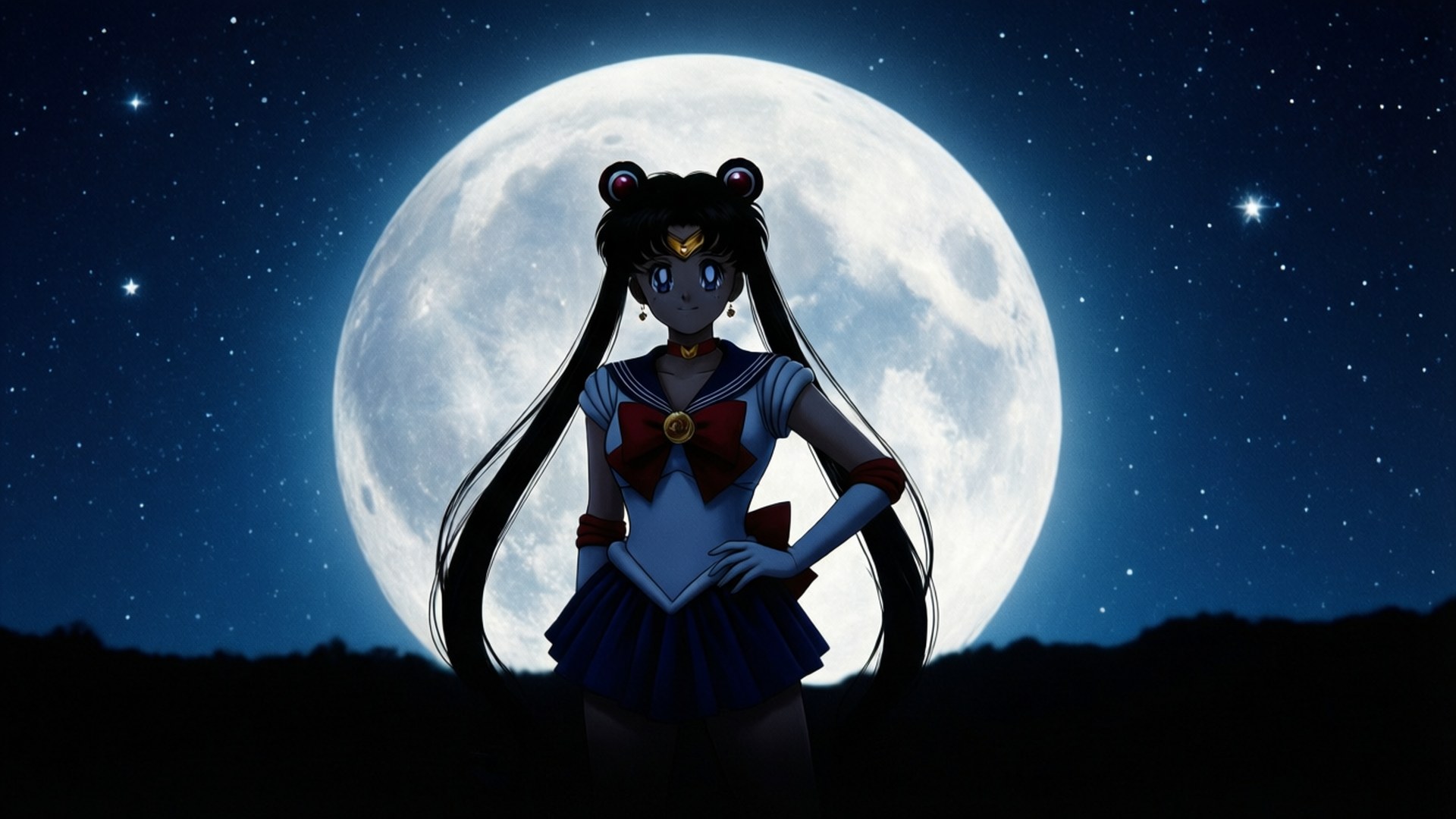 美少女戰士 桌布 壁紙 — Sailor Moon 自信地站在一個巨大的月亮前，下方是星空夜幕下的黑暗輪廓山丘。
