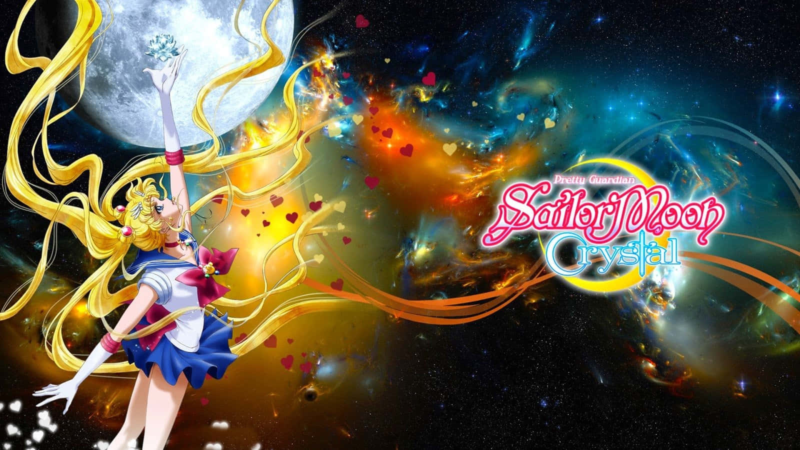 sailor moon crystal 桌布 壁紙 — Sailor Moon 在宇宙背景下英勇地站立，手持一顆在滿月下發光的水晶。