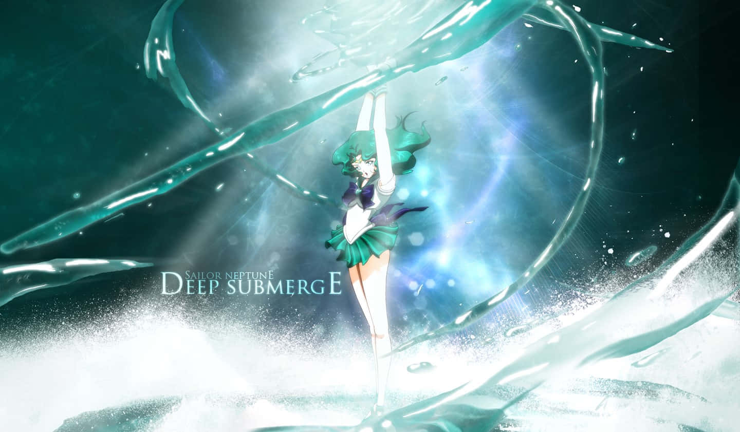 sailor neptune 桌布 壁紙 — Sailor Neptune 在水中優雅地站立，穿著發光的青綠色和白色水手服，周圍環繞著旋轉的水流和光芒四射的光線。