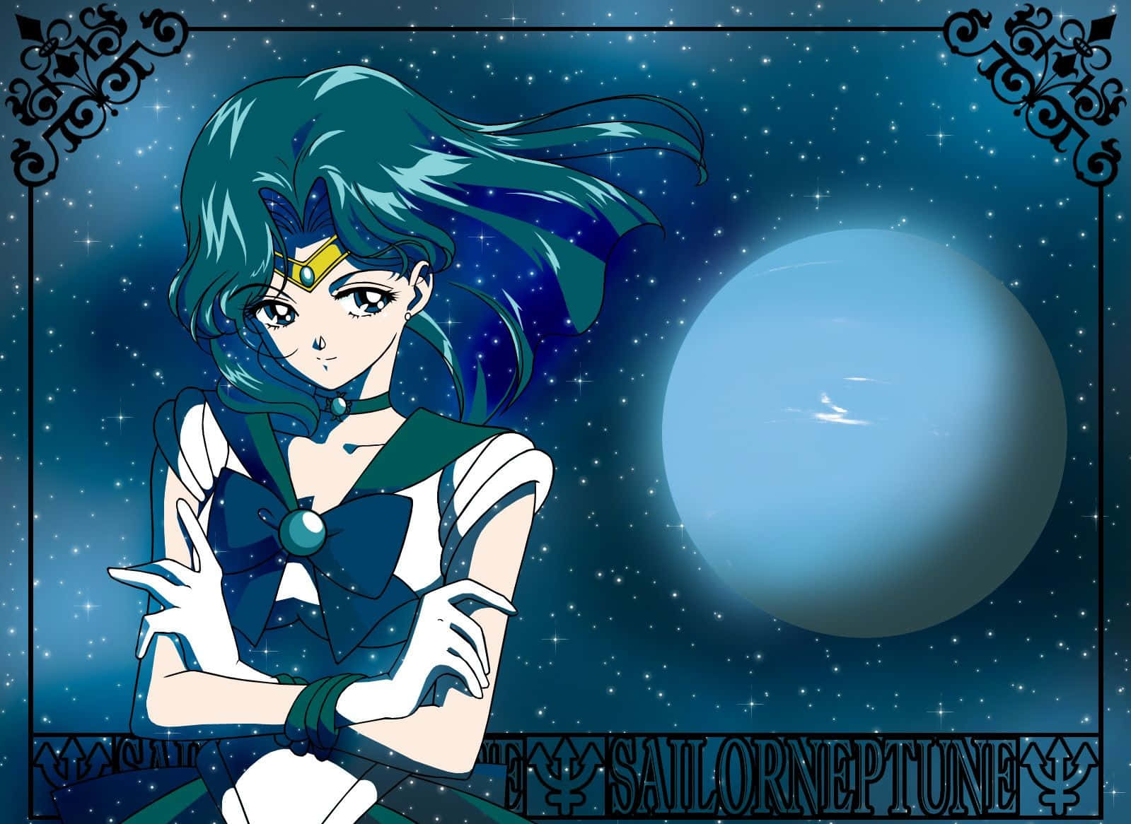 sailor neptune 桌布 壁紙 — Sailor Neptune 自信地站在繁星點點的夜空下，身後有一顆發光的藍色星球。