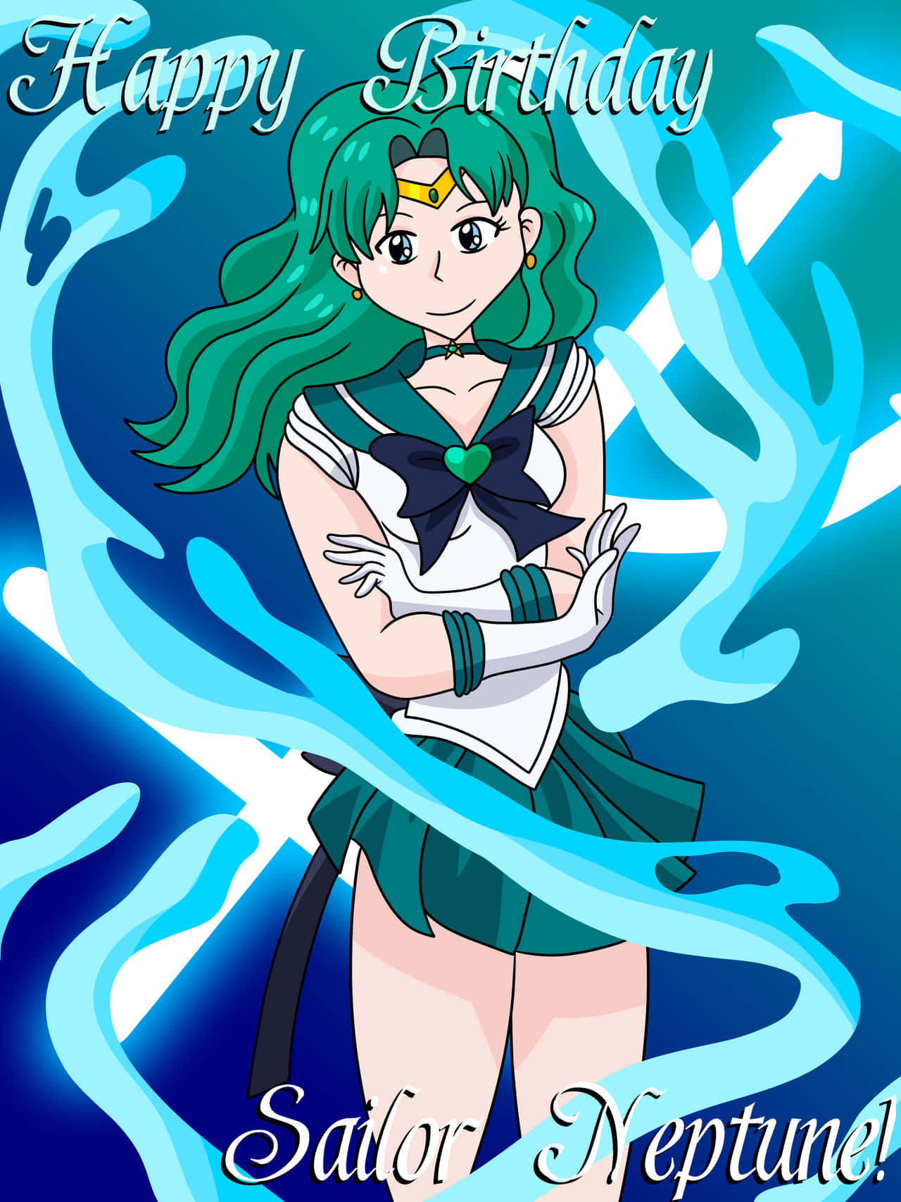 sailor neptune 桌布 壁紙 — Sailor Neptune 自信地交叉雙臂，站在旋轉的藍色能量背景前，帶有 'Happy Birthday' 文字。
