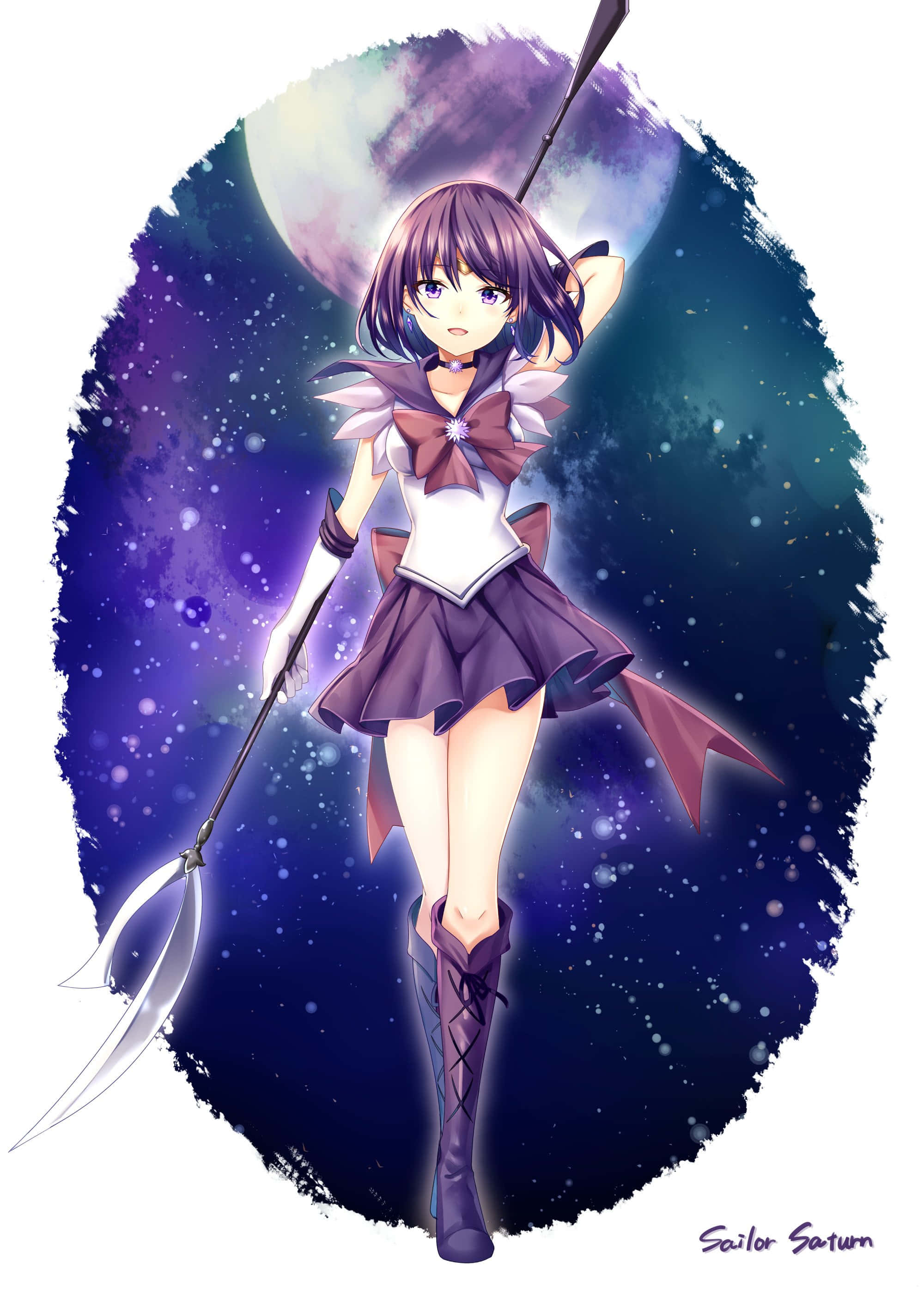 Sailor Saturn 桌布 壁紙 — Sailor Saturn 手持鐮刀，在星空和發光月亮的宇宙背景下擺好姿勢。