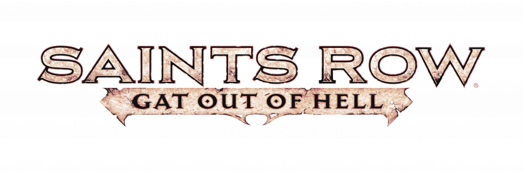 標誌 桌布 壁紙 — Saints Row 標誌，帶有 'Gat Out of Hell' 文字，採用粗糙紋理字體，背景為黑色。