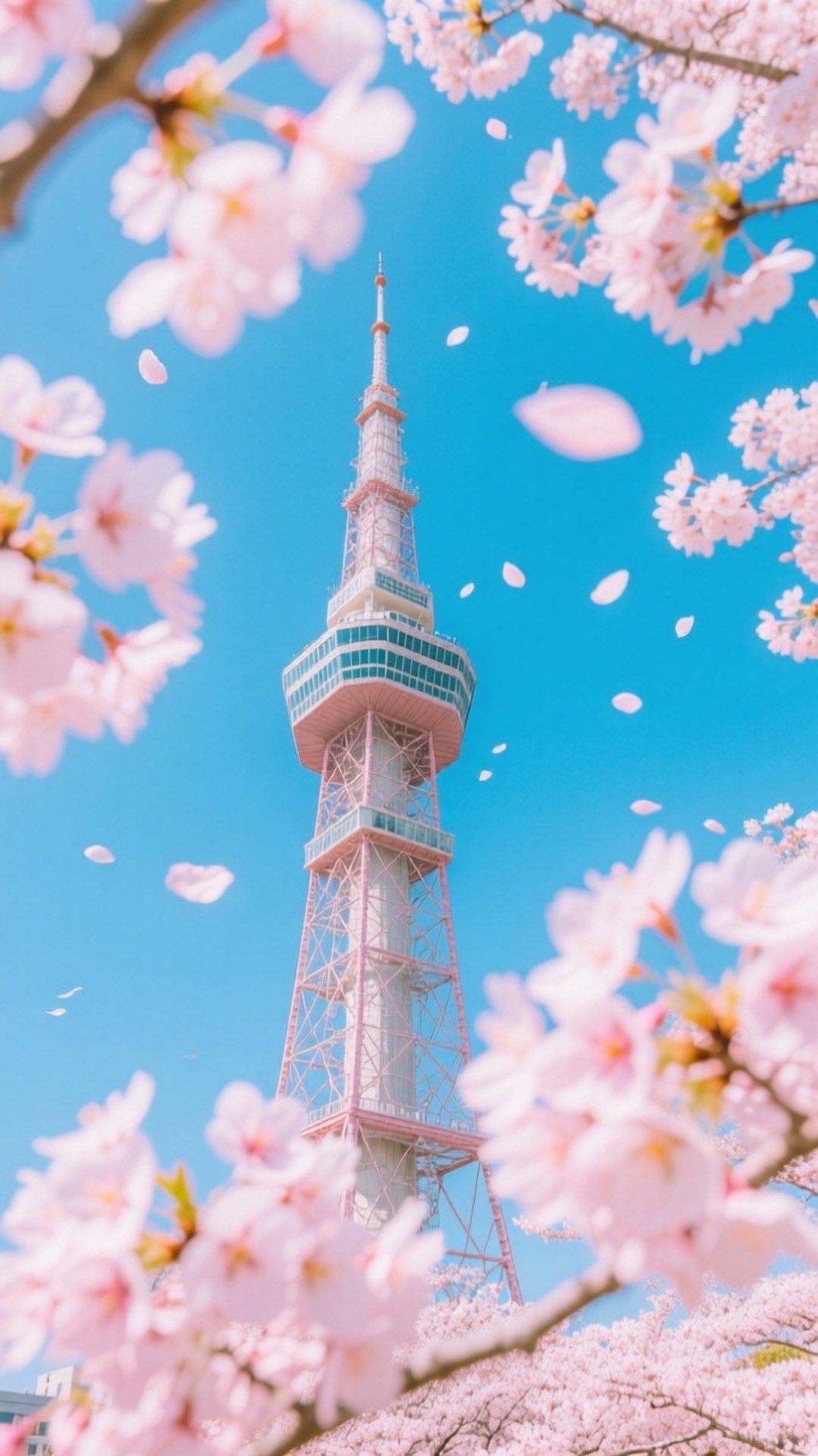 Cherry Blossom Tower 壁紙 — 一座粉紅色和白色的通訊塔高聳入雲，穿過盛開的櫻花樹冠，背景是晴朗的藍天，花瓣飄落。