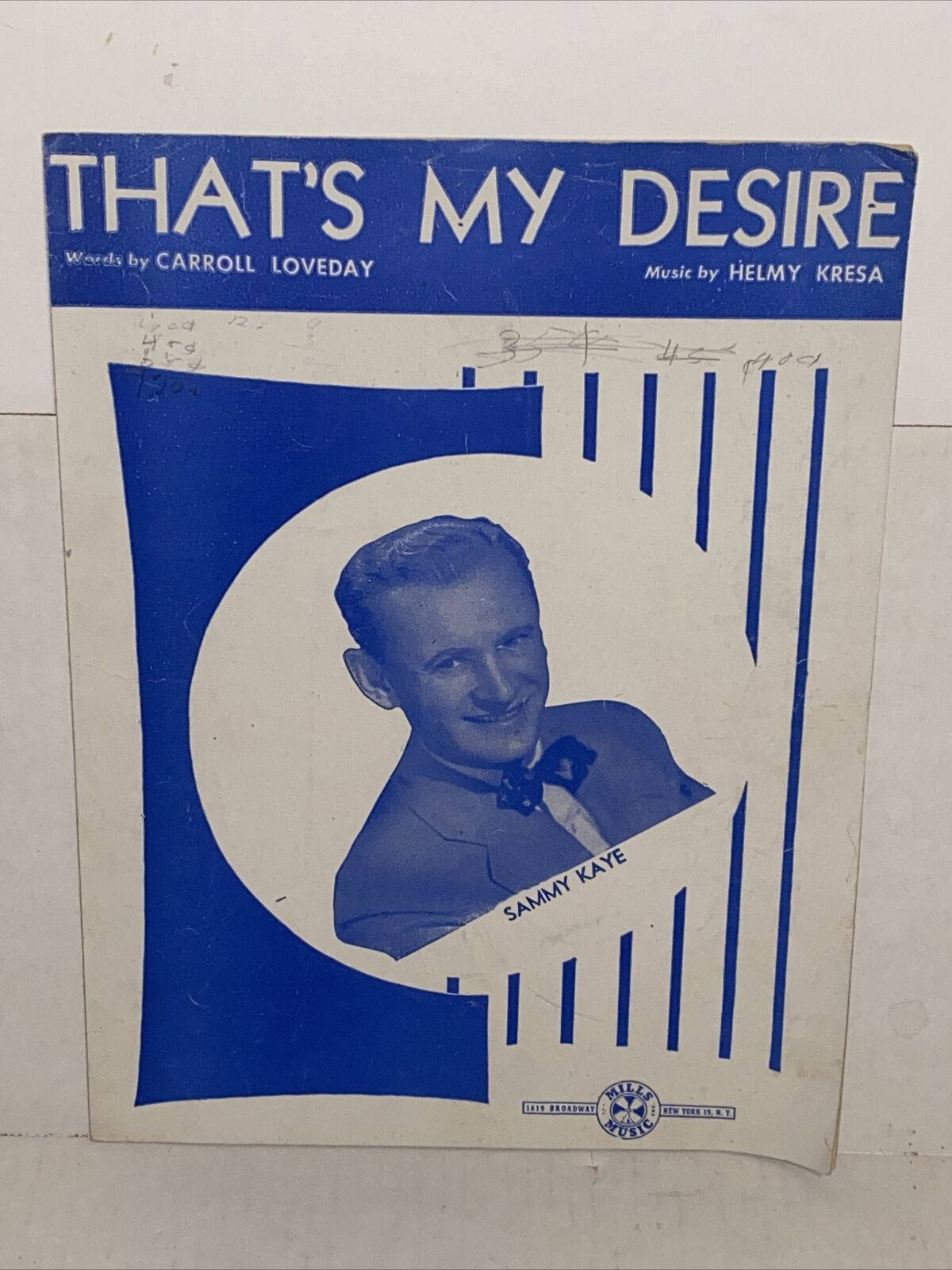 poster 桌布 壁紙 — Sammy Kaye 的《That's My Desire》復古樂譜封面，採用藍白肖像設計和粗體字體。