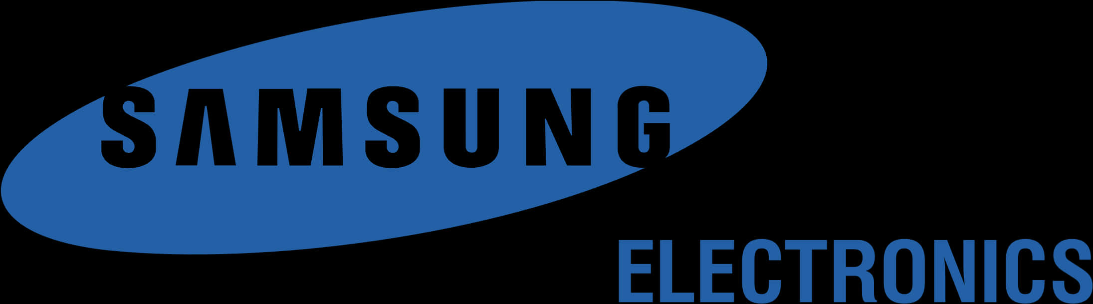 三星 桌布 壁紙 — Samsung Electronics 標誌，黑色粗體文字位於藍色橢圓形上，背景為黑色。