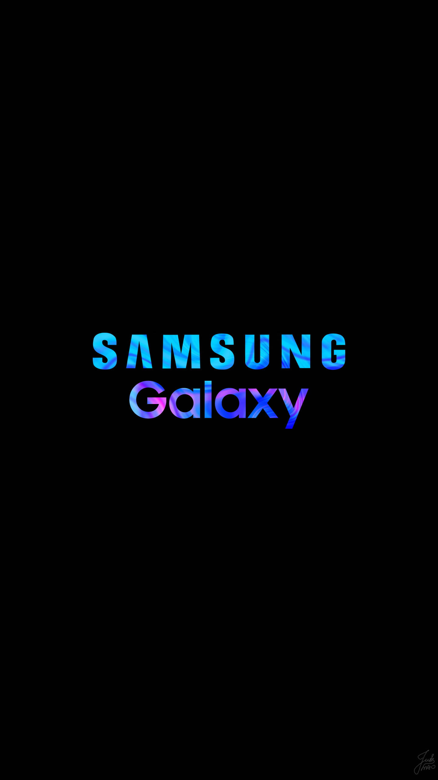 手機 桌布 壁紙 — Samsung Galaxy 標誌在純黑背景上發出電光藍和紫色光芒。
