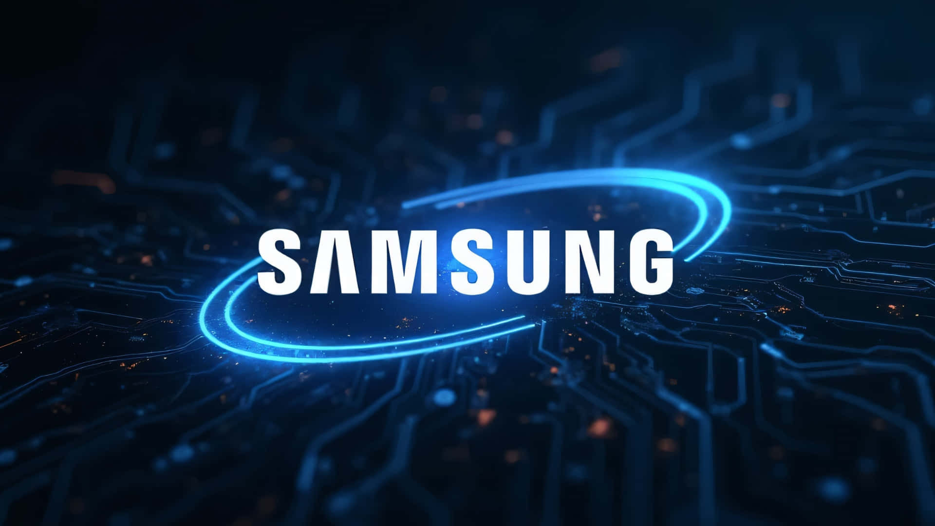  壁紙 — Samsung 標誌在詳細的電路板背景上發出藍光。