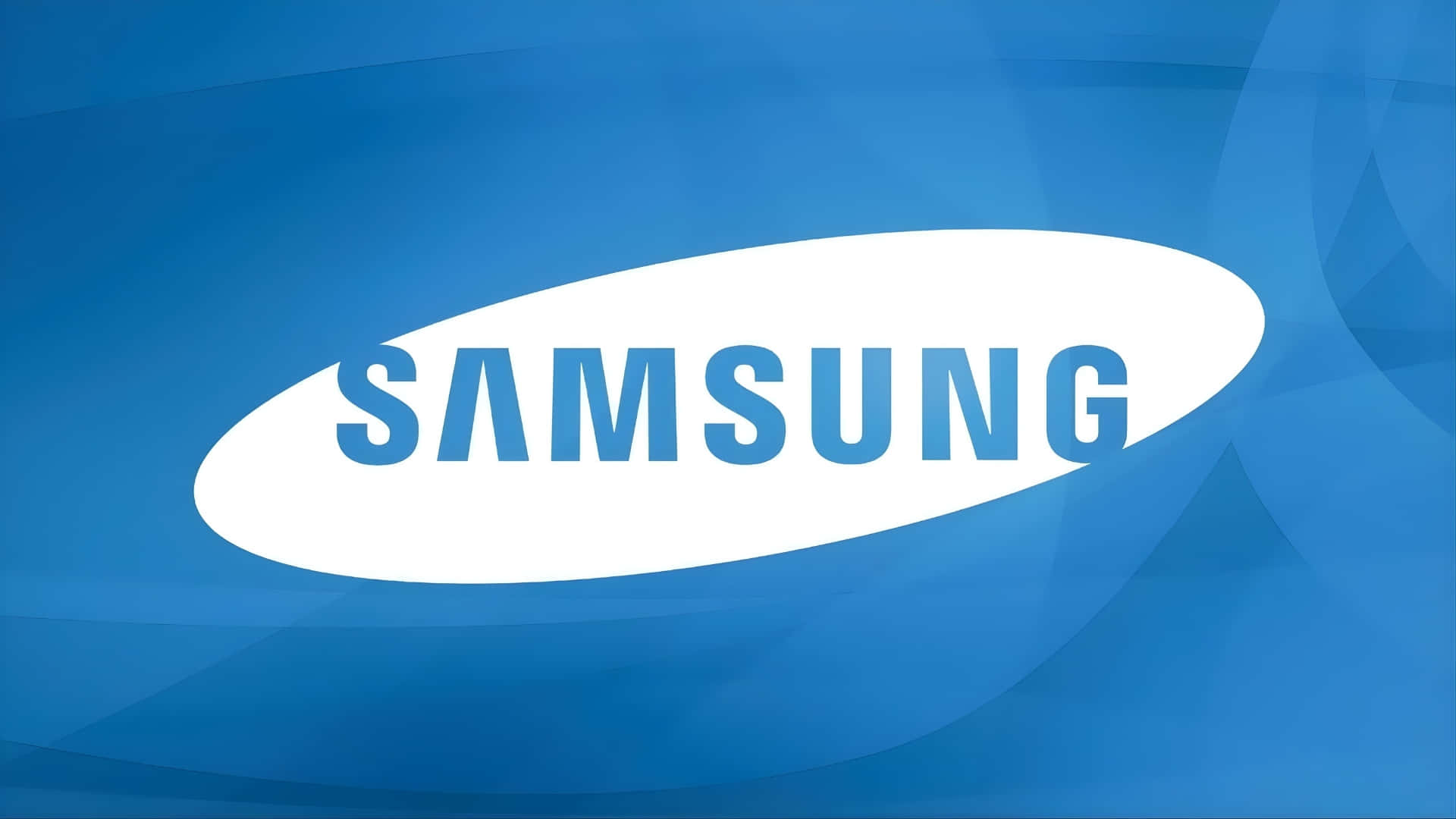  壁紙 — 藍色和白色的Samsung標誌，帶有抽象流動形狀的漸變藍色背景。