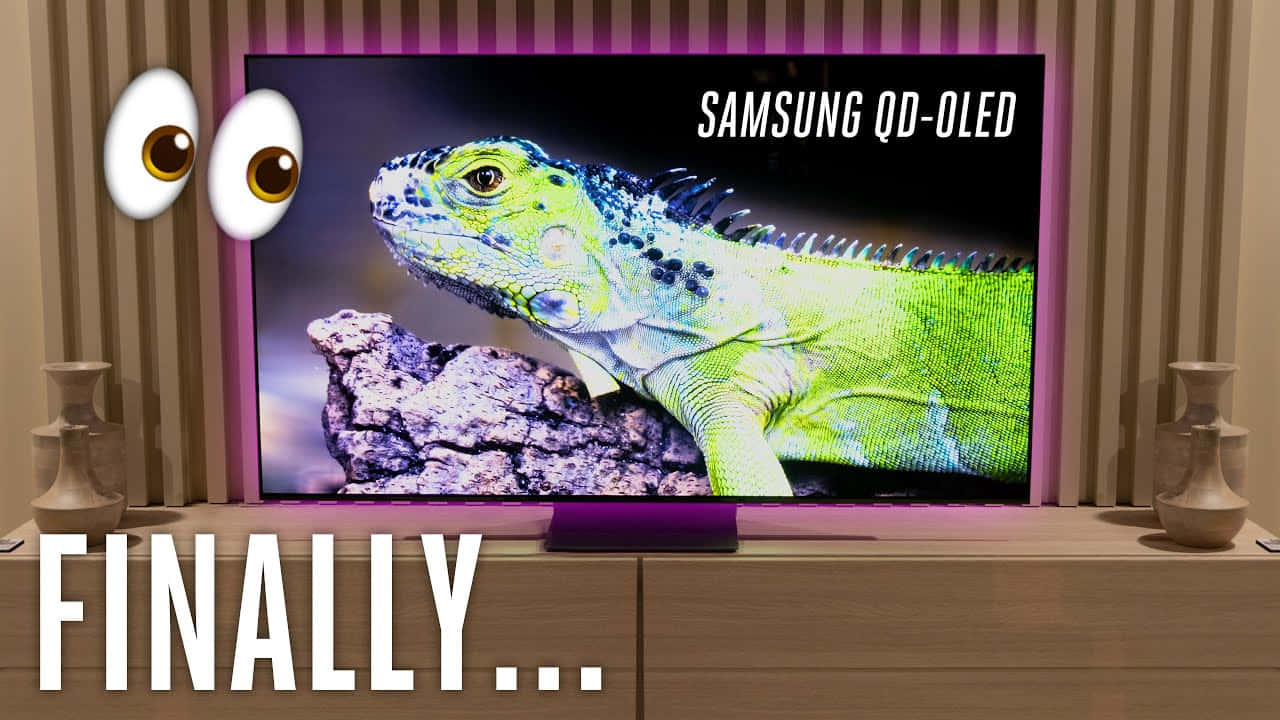 三星 桌布 壁紙 — Samsung QD-OLED TV 顯示一隻鮮綠色鬣蜥在岩石上，帶有卡通眼睛和「終於...」文字疊加。
