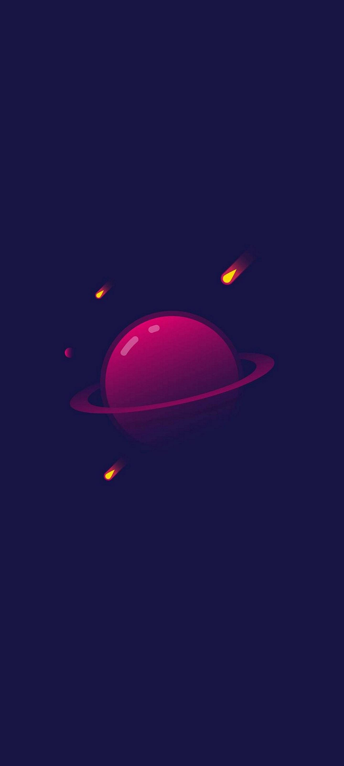 Samsung S21 Ultra 土星與彗星 壁紙 — 一顆發光的洋紅色行星帶有薄環，在深空中運行，三顆熾熱的流星劃過。