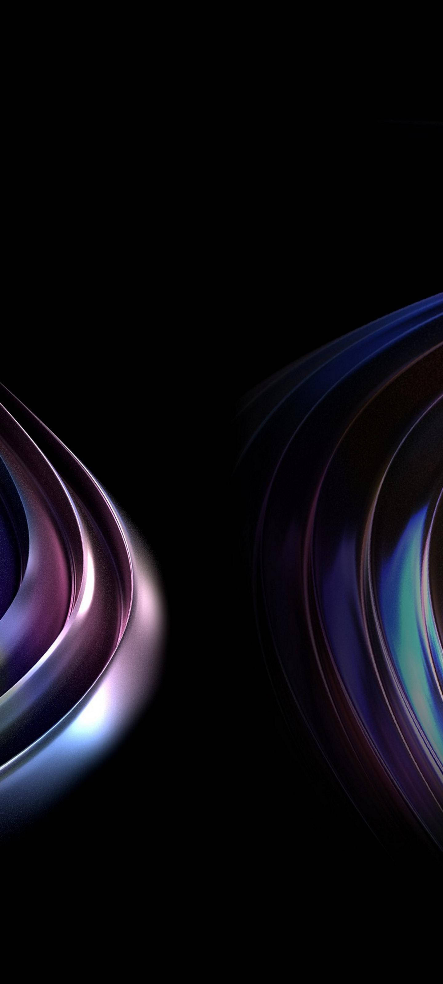 Samsung S21 Ultra 金屬曲線 壁紙 — 紫、藍、銀色的抽象發光絲帶在深黑色背景上彎曲。