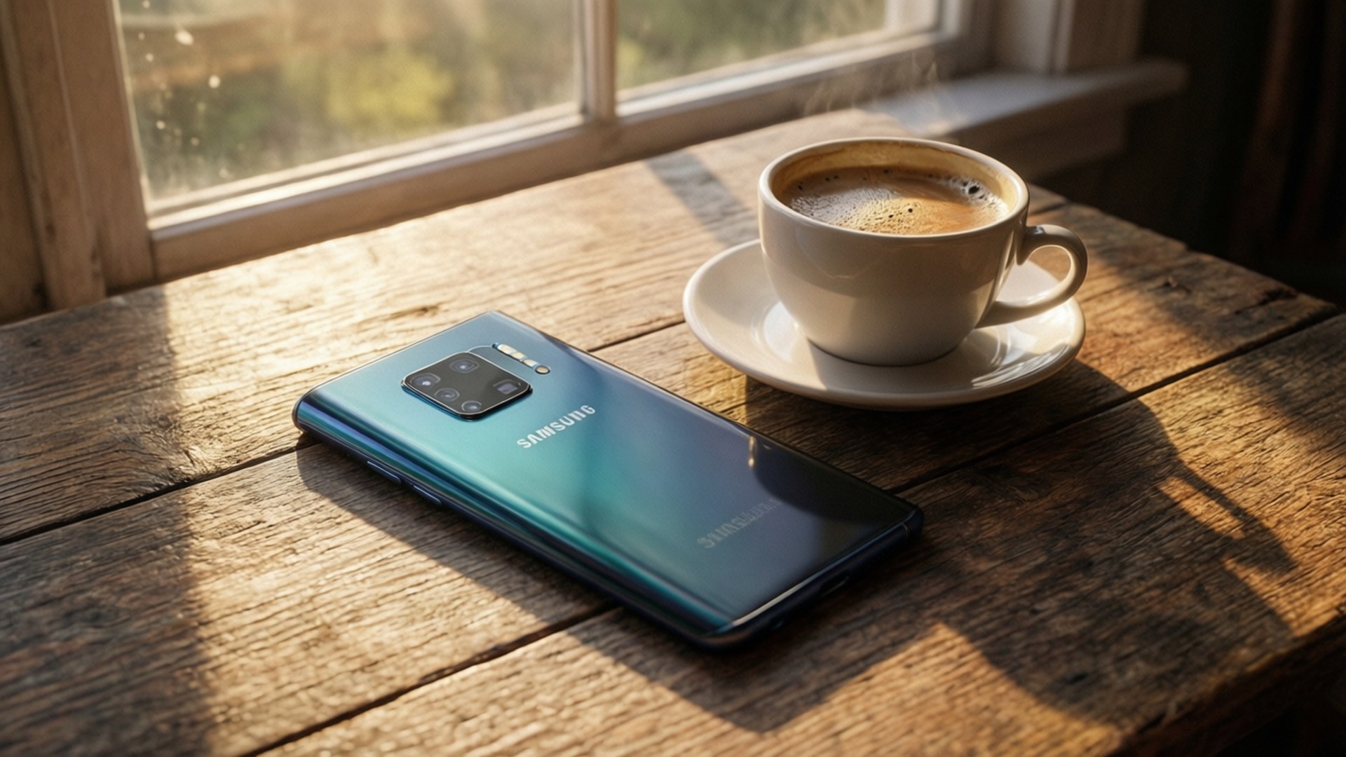 Samsung手機和咖啡杯在窗邊木桌上陽光下 — Galaxy S10 壁紙