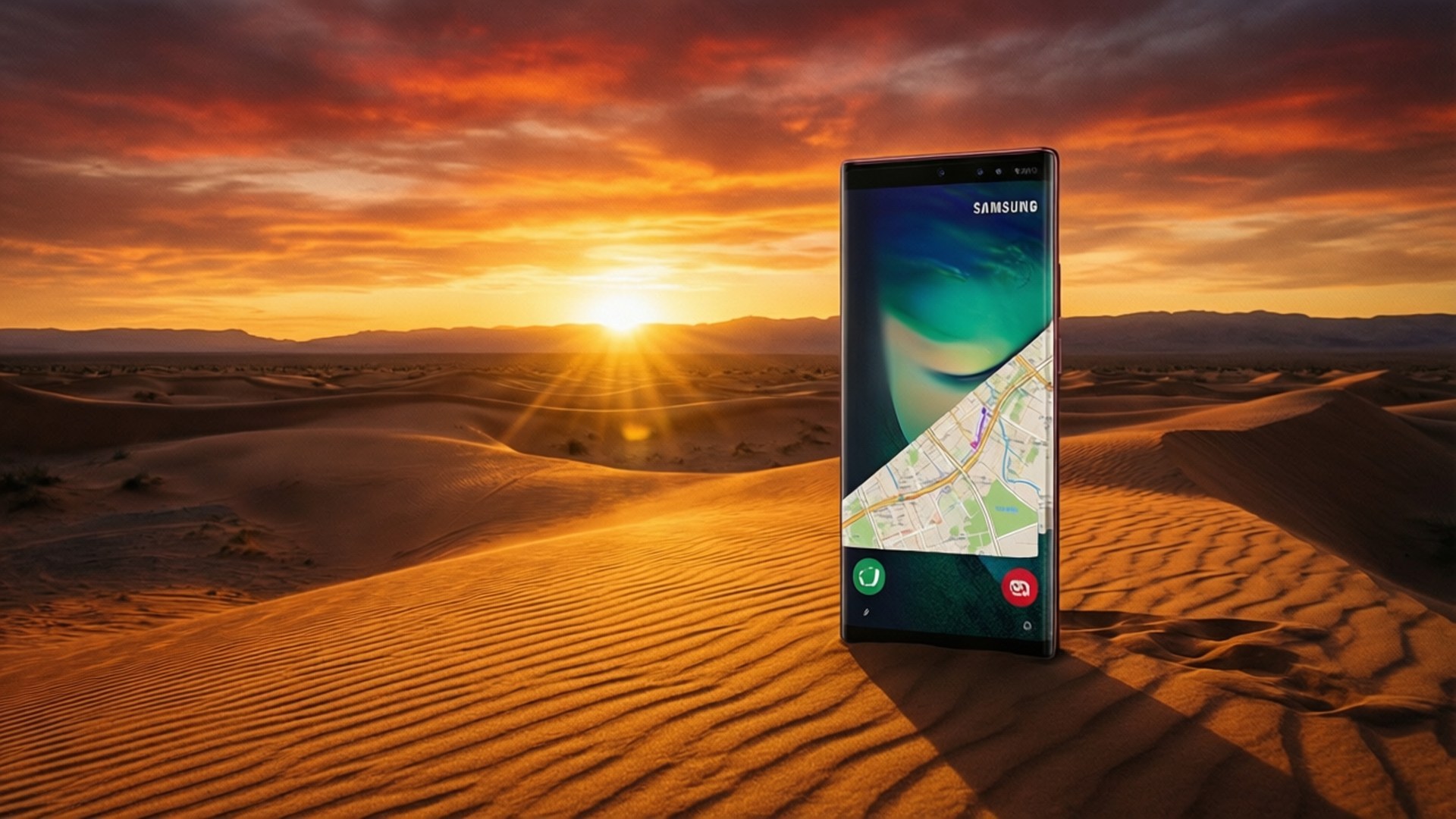 Desert Adventure Note 10 壁紙 — 一部顯示地圖的三星智慧型手機直立於波紋狀的沙漠沙地上，背景是熾熱的日落天空。