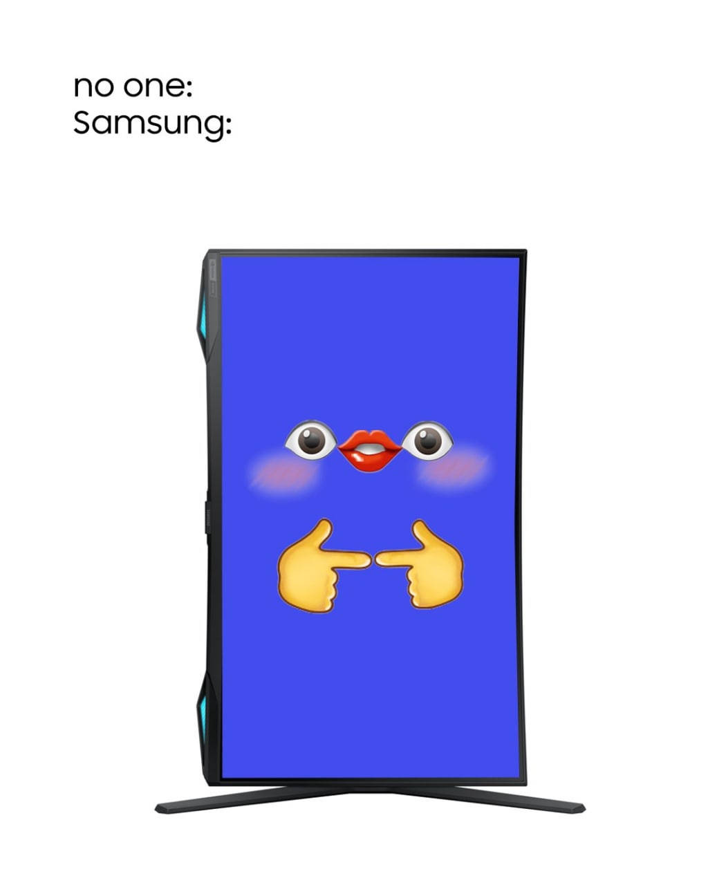 搞笑 桌布 壁紙 — Samsung 電視螢幕顯示一個卡通臉孔，有凸眼、紅唇和指著的手，背景為純藍色。