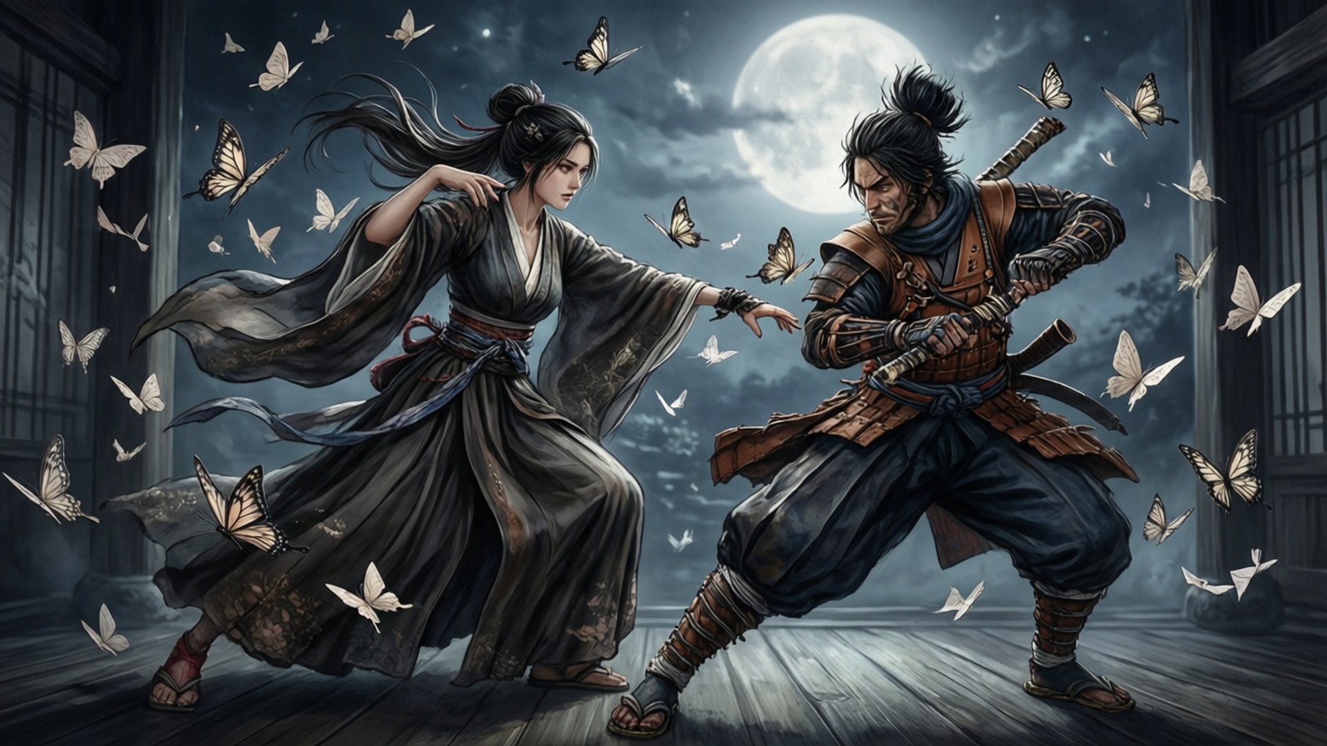 隻狼 桌布 壁紙 — 一名武士和一名穿著傳統長袍的女子在滿月下對峙，蝴蝶在他們周圍飛舞。