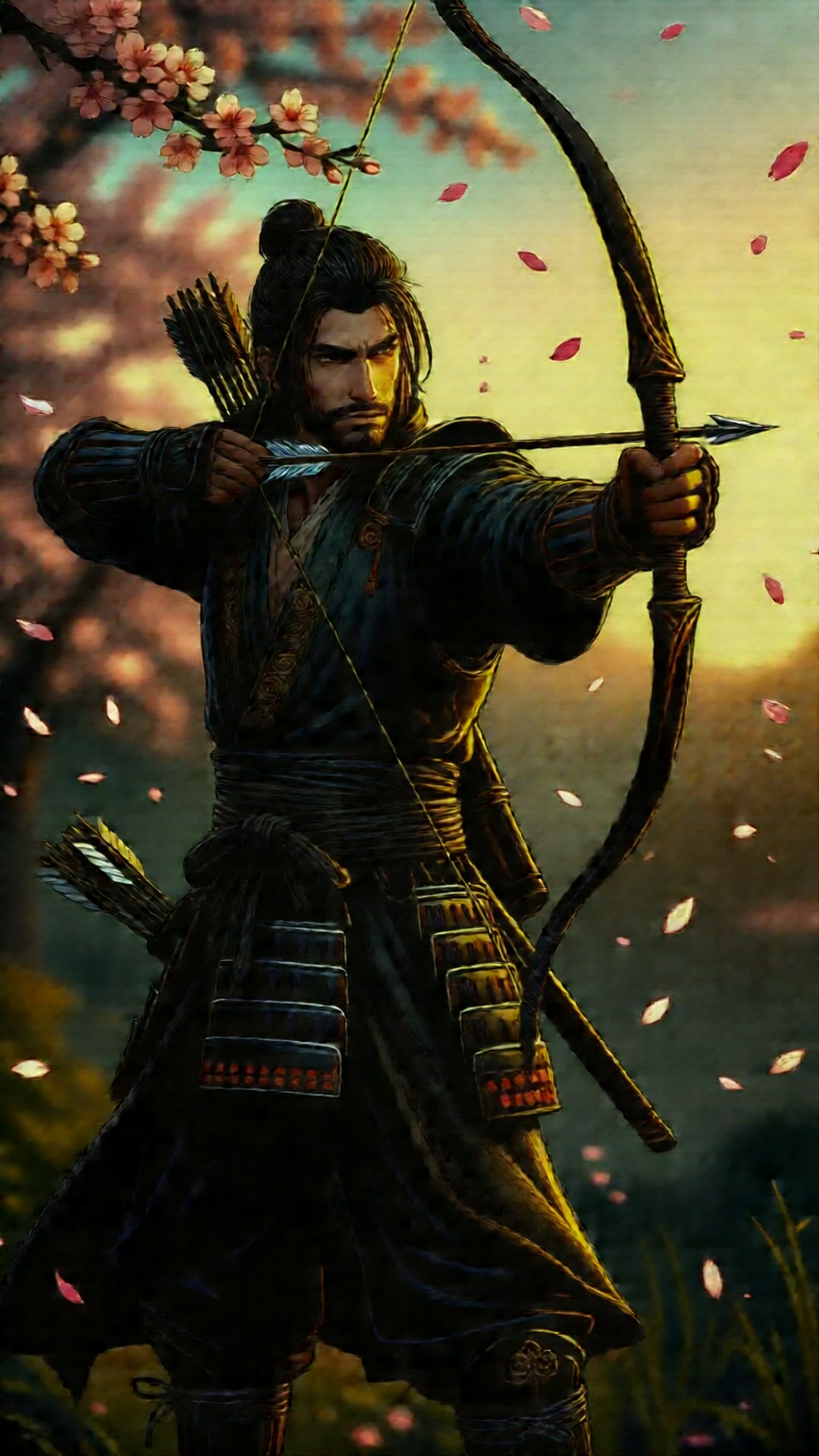 Kensei's Cherry Blossom 壁紙 — 一位身穿暗色鎧甲的武士弓箭手在夕陽下盛開的櫻花中拉弓。