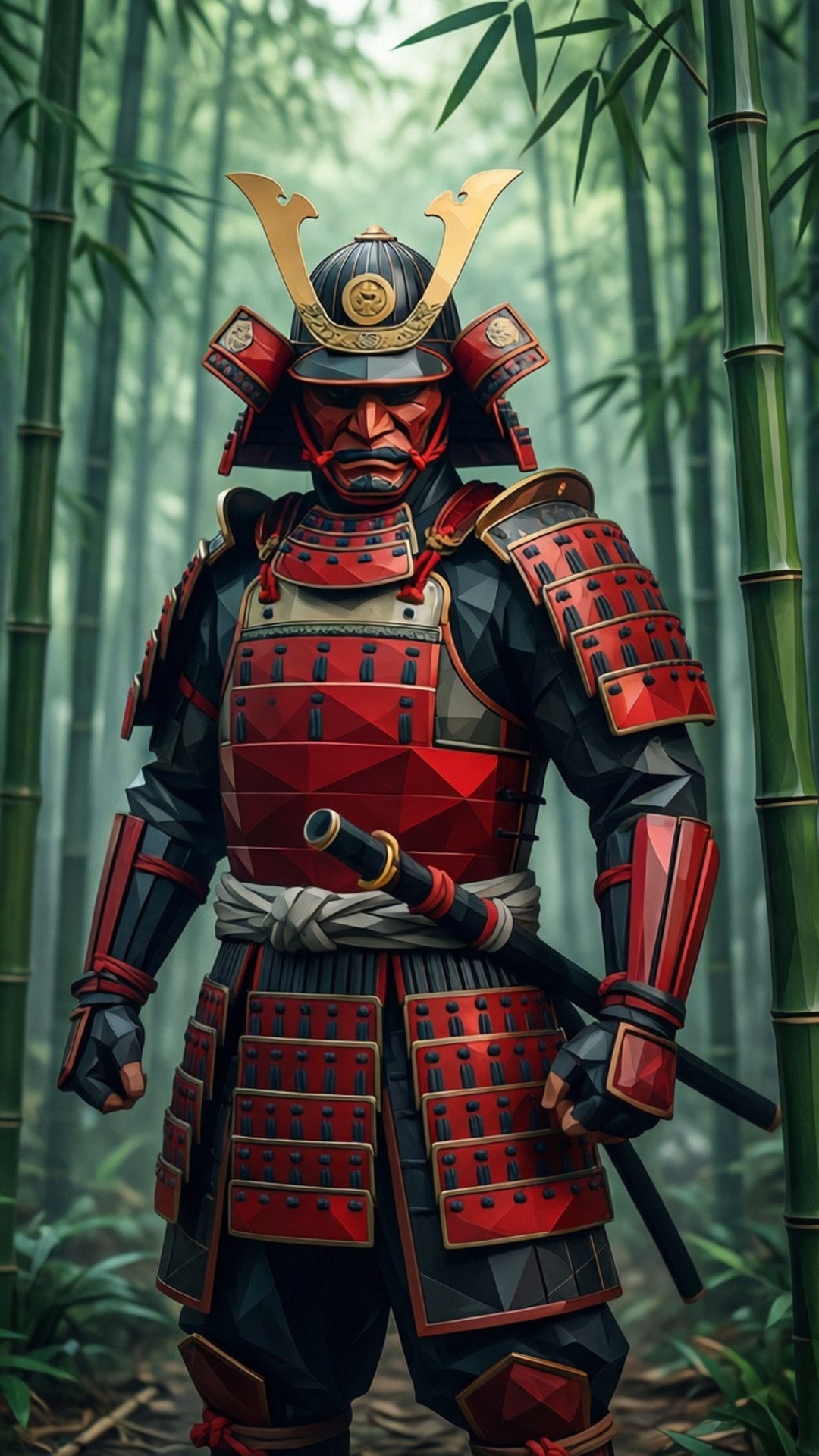 Samurai in Bamboo 壁紙 — 一位身穿紅黑幾何盔甲的武士在霧氣瀰漫的竹林中手持武士刀，蓄勢待發。