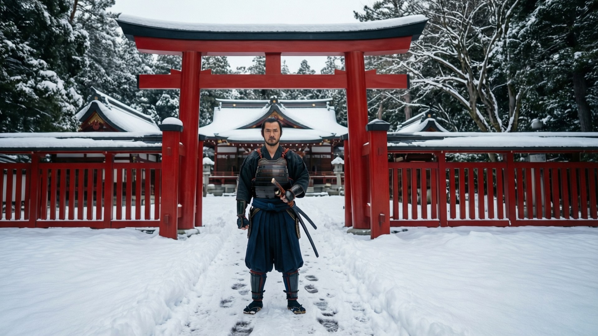 Ronin 桌布 壁紙 — 一位武士莊嚴地站在雪中，面前是寧靜日本神社的鮮紅色鳥居。
