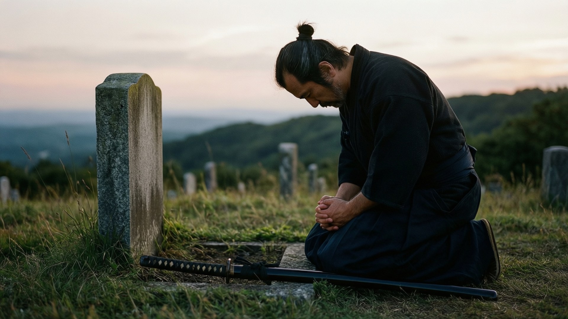 Ronin 桌布 壁紙 — 一名武士在黃昏時分於寧靜的墓地中，跪在風化的墓碑旁莊嚴祈禱。