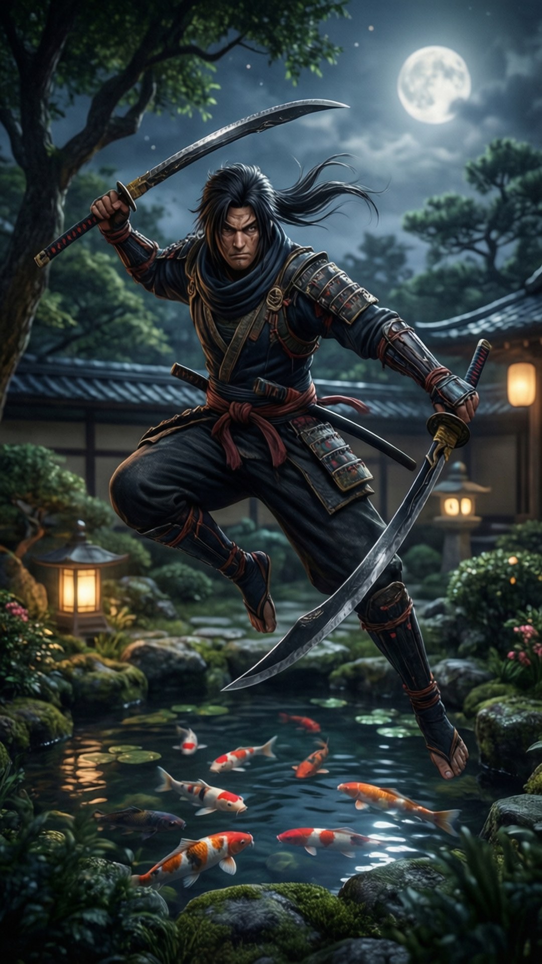 Shinobi's Moonlit Garden 壁紙 — 一名武士戰士在滿月下於寧靜的日本花園中躍過錦鯉池。