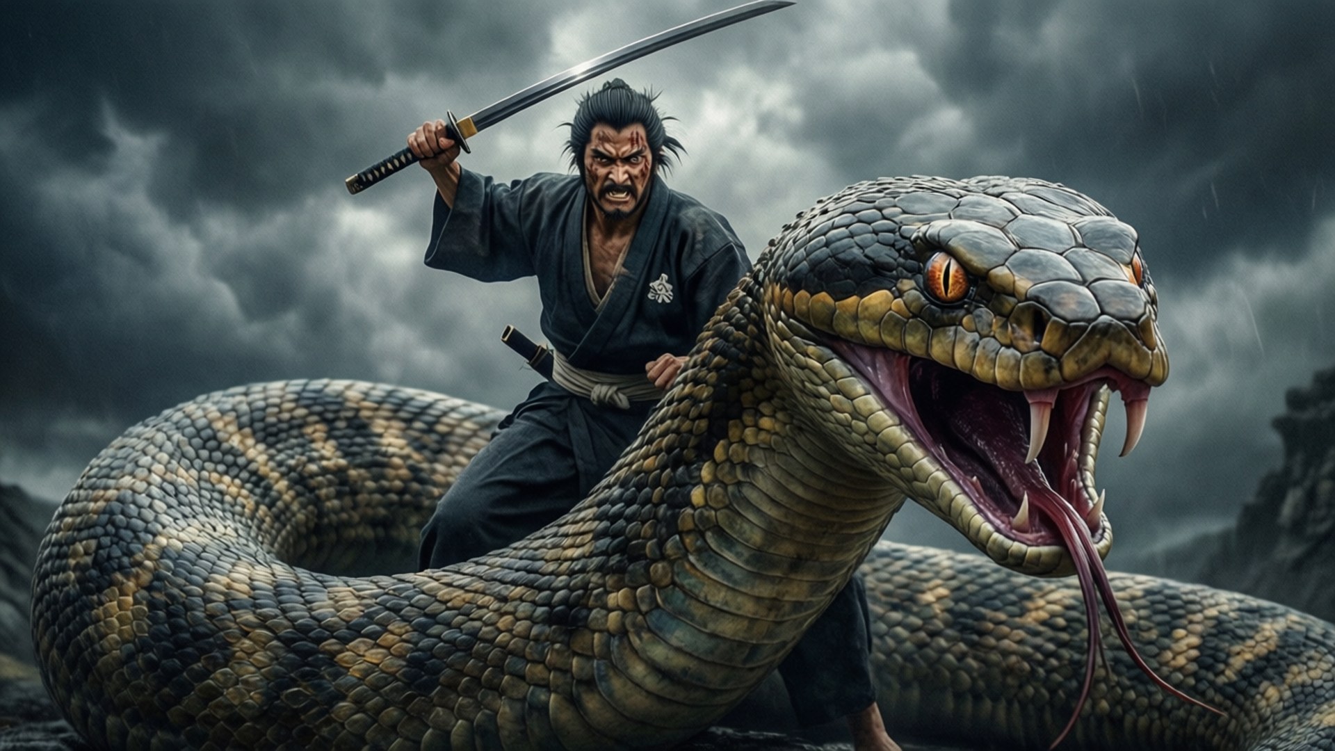 Jakotsu 桌布 壁紙 — 一名武士戰士騎著一條巨蛇，穿越風暴中的山區景觀，揮舞著武士刀。