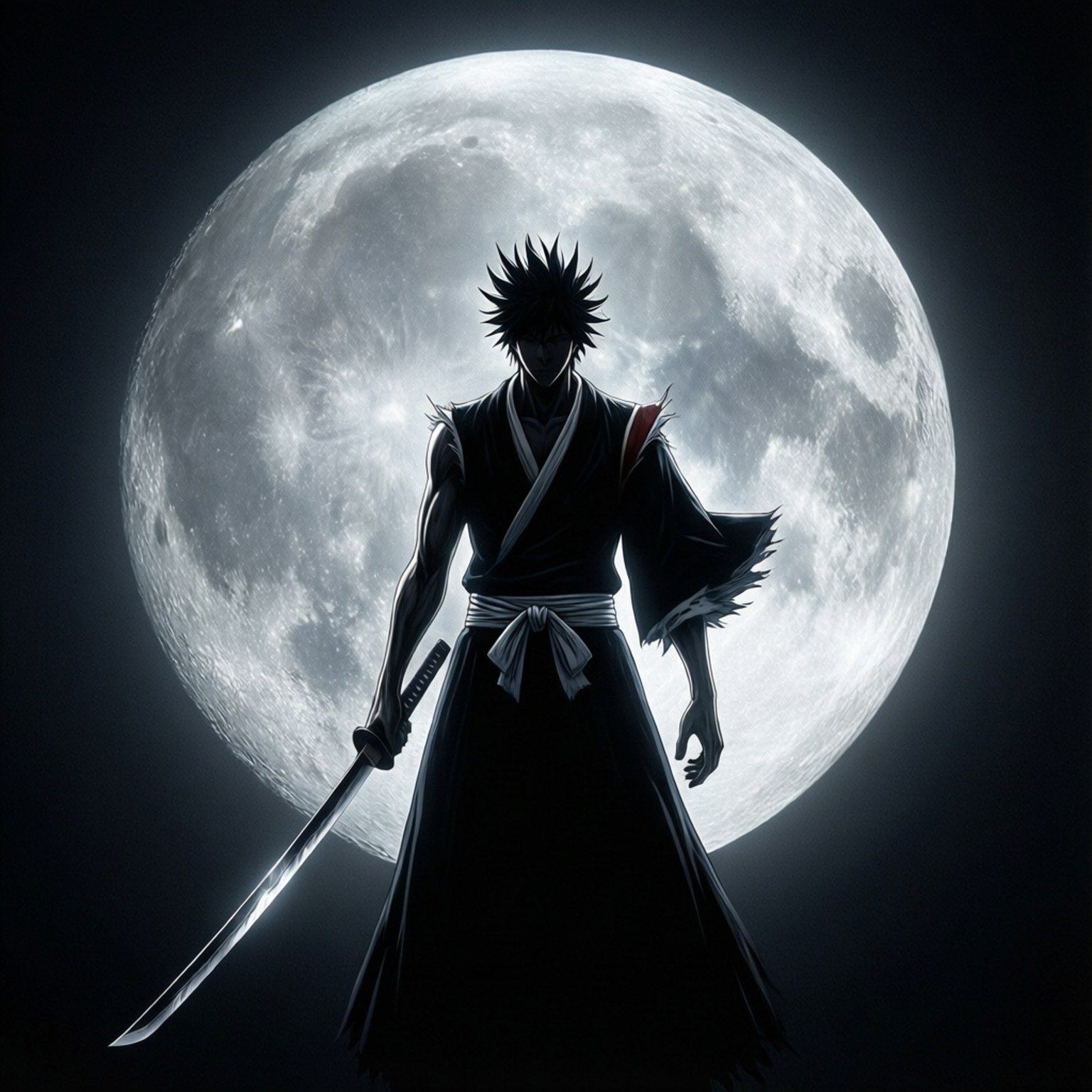 Silhouette of Power 壁紙 — 一個黑髮武士穿著黑色長袍，在巨大的滿月映襯下形成剪影，手持閃亮的劍。