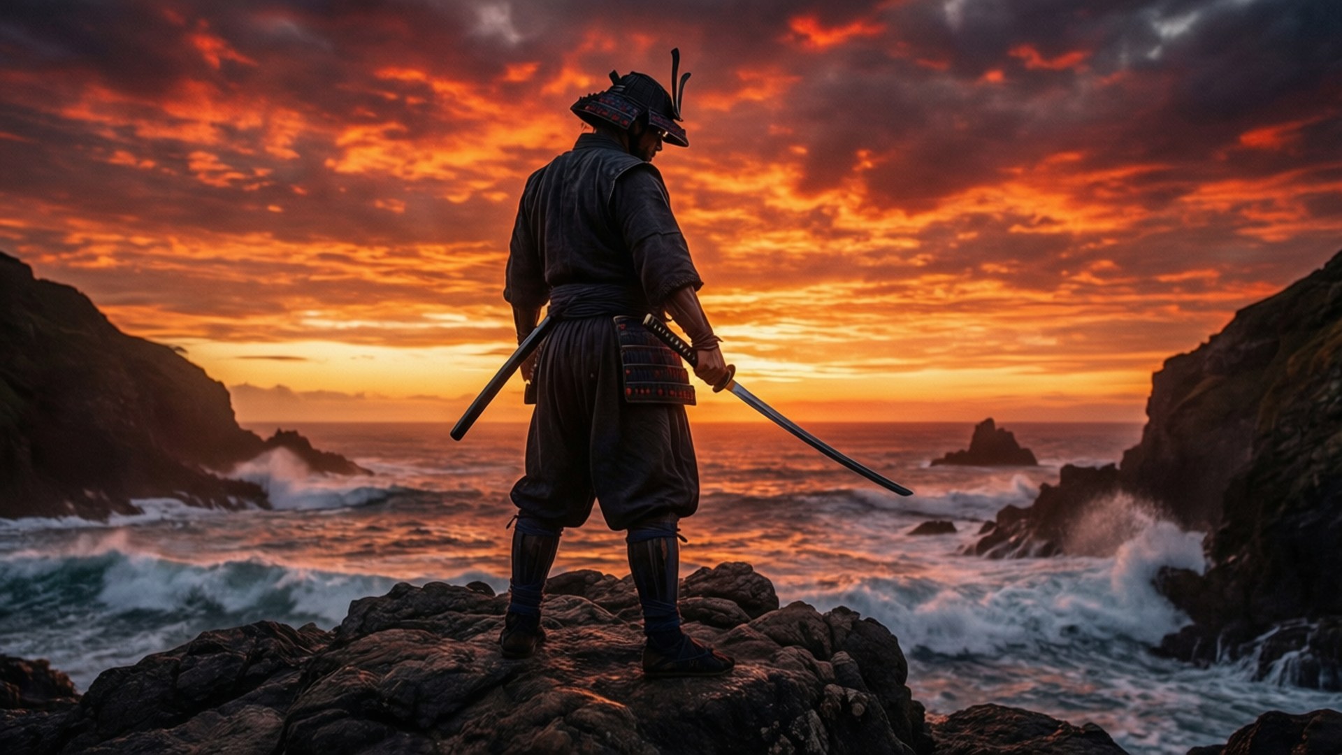 Ronin 桌布 壁紙 — 一名武士在日落時分站在岩石峭壁上，手持武士刀，在火紅色的天空下，海浪在下方拍打。