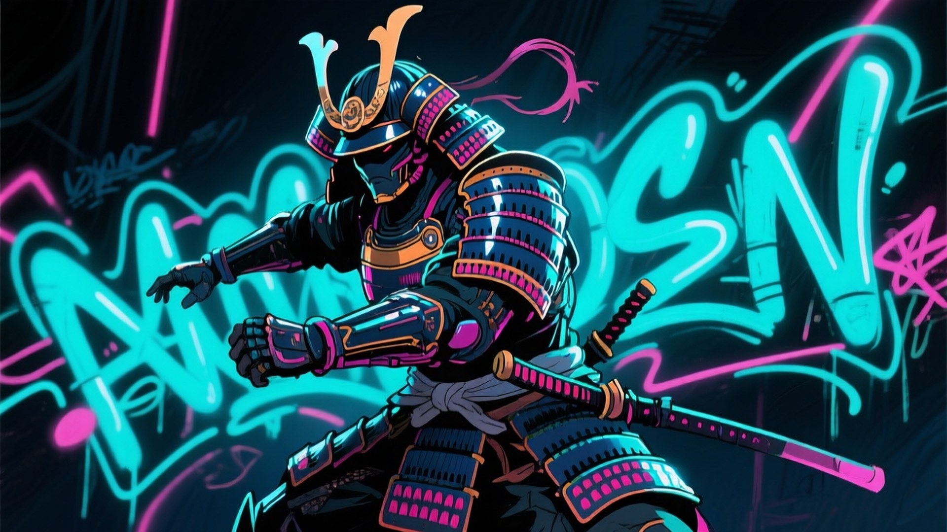 Neon Samurai Cool Drawing 壁紙 — 一位身穿發光盔甲的武士戰士，在充滿活力的霓虹塗鴉牆前擺出姿勢，帶有電光藍和粉紅色調。