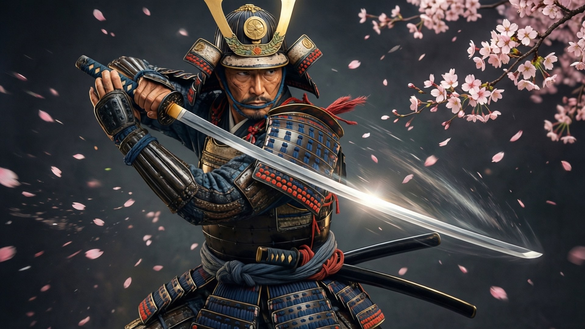 Samurai Blade Dance 壁紙 — 一位身穿精細盔甲的武士戰士，在黑暗背景下握著閃閃發光的武士刀，櫻花飄落空中。