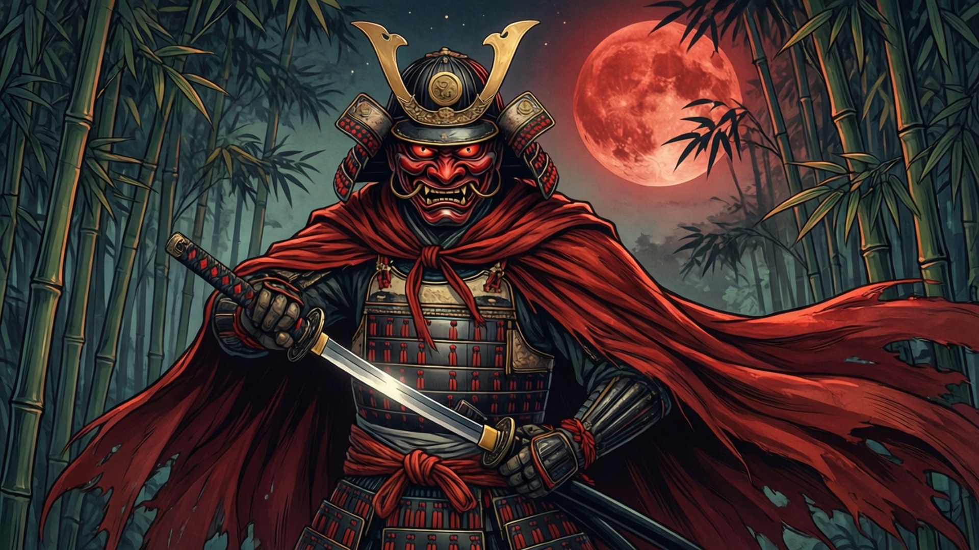 Demonic Samurai Moon 壁紙 — 一個身穿紅色盔甲和斗篷的威猛武士站在竹林之中，背景是一輪血紅色的月亮。