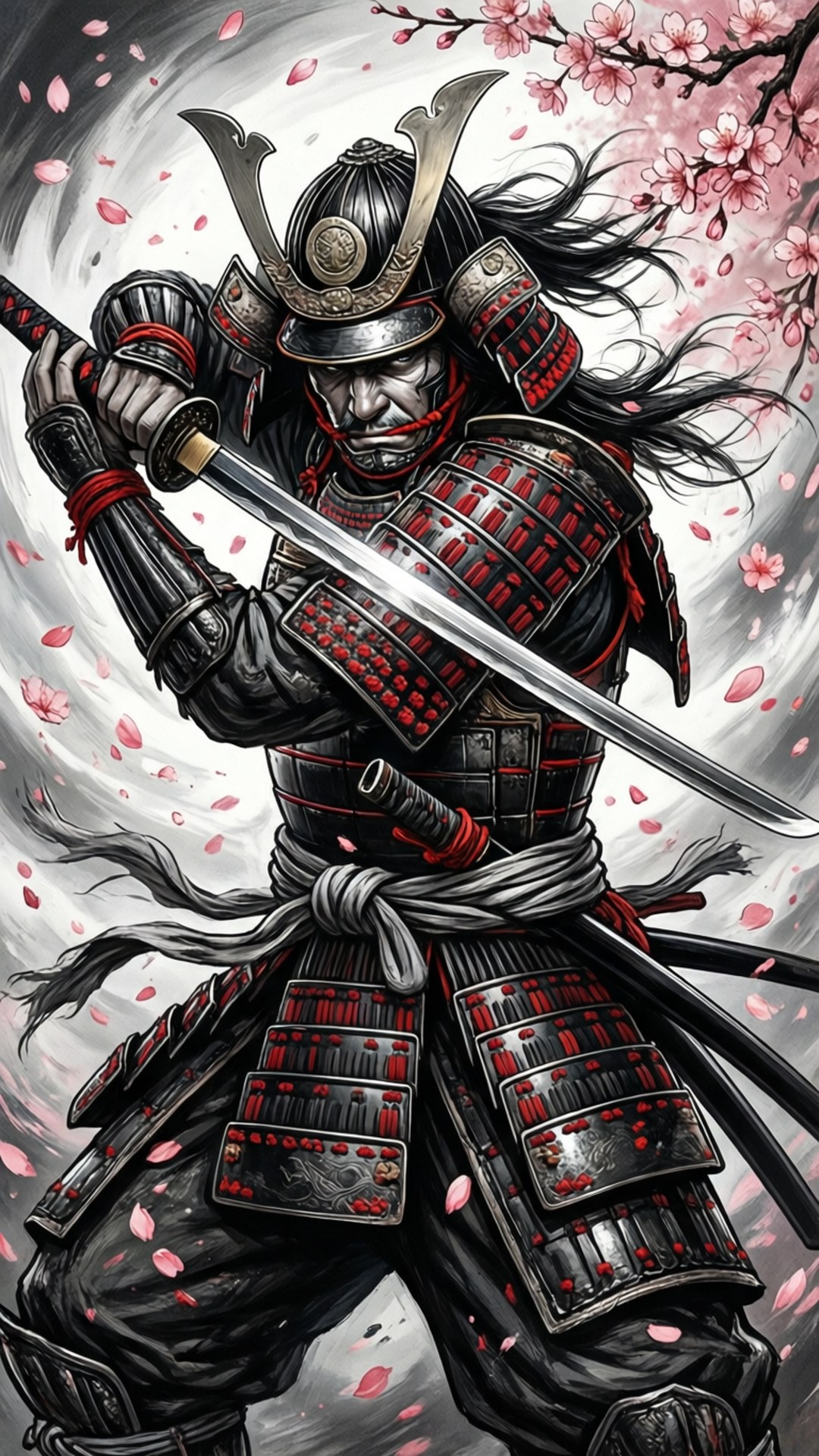 Samurai in Bloom 壁紙 — 一位身穿黑紅鎧甲的武士武士在旋轉的櫻花和暴風雨的灰色雲層中緊握著武士刀。