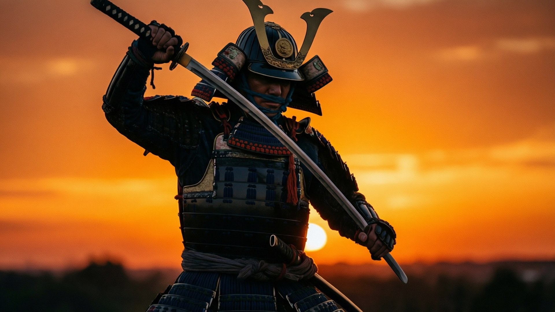 Sunset Samurai 壁紙 — 一名全副盔甲的武士武士手持武士刀，背景是火紅的橙色日落天空。