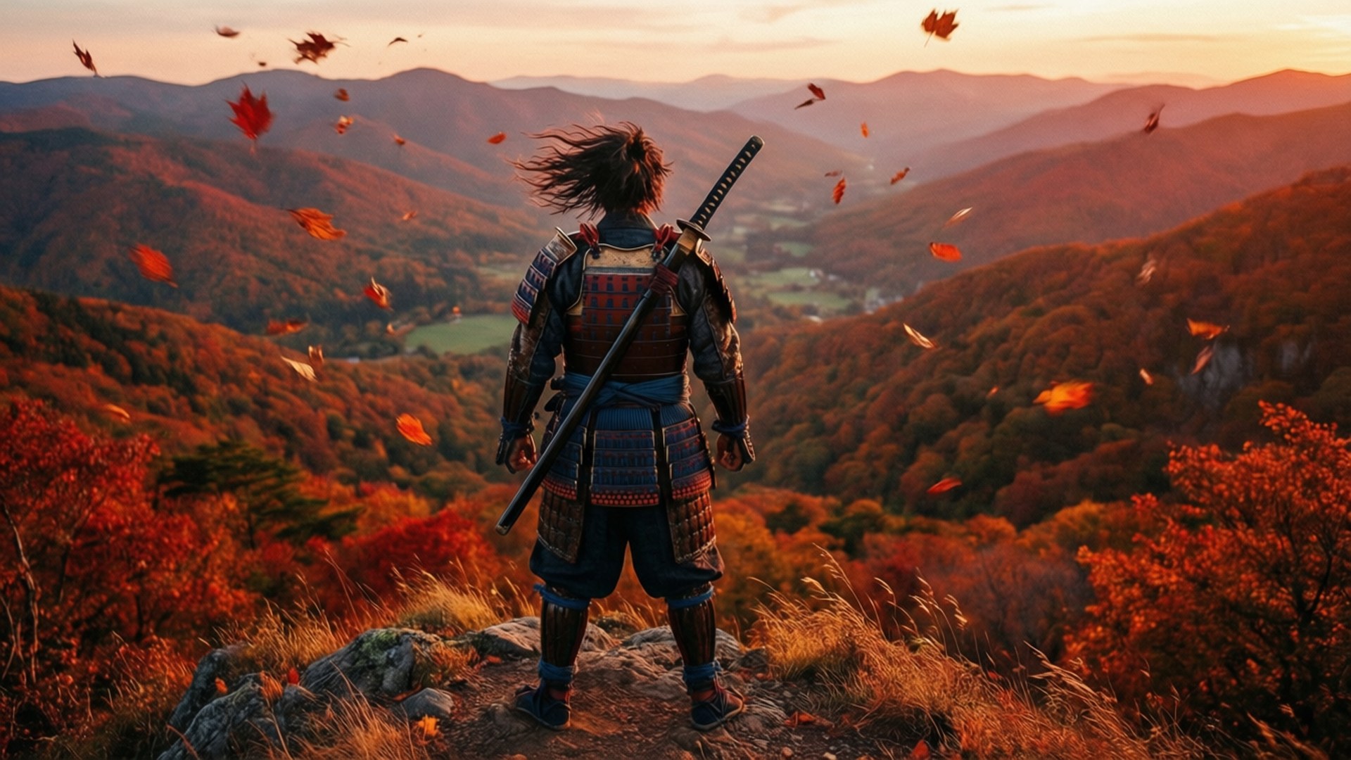 Ronin 桌布 壁紙 — 一位武士站在山脊上，在夕陽下看著秋天的樹葉在他周圍旋轉，而起伏的山丘延伸到遠方。
