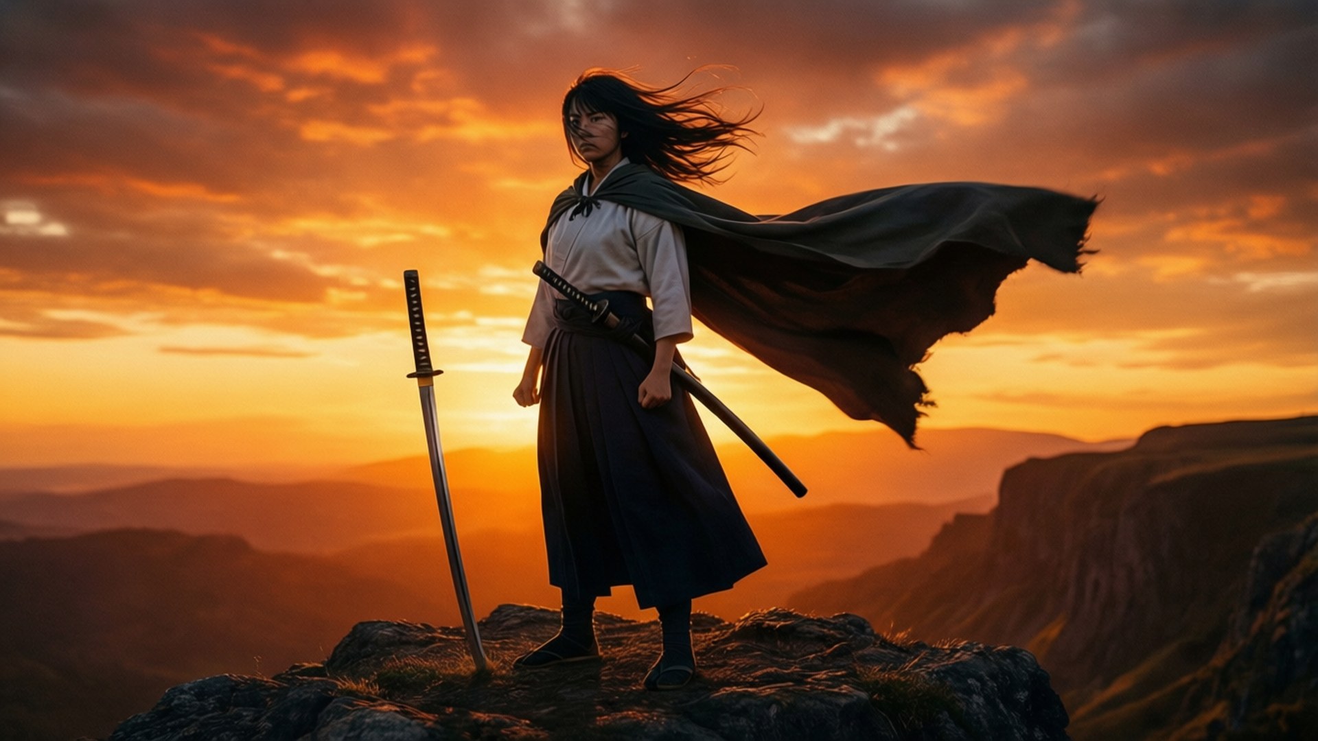 Benio Amakusa 桌布 壁紙 — 一位武士戰士站在日落時分的懸崖頂上，劍插在身旁，斗篷在火紅的橙色天空中飄揚。