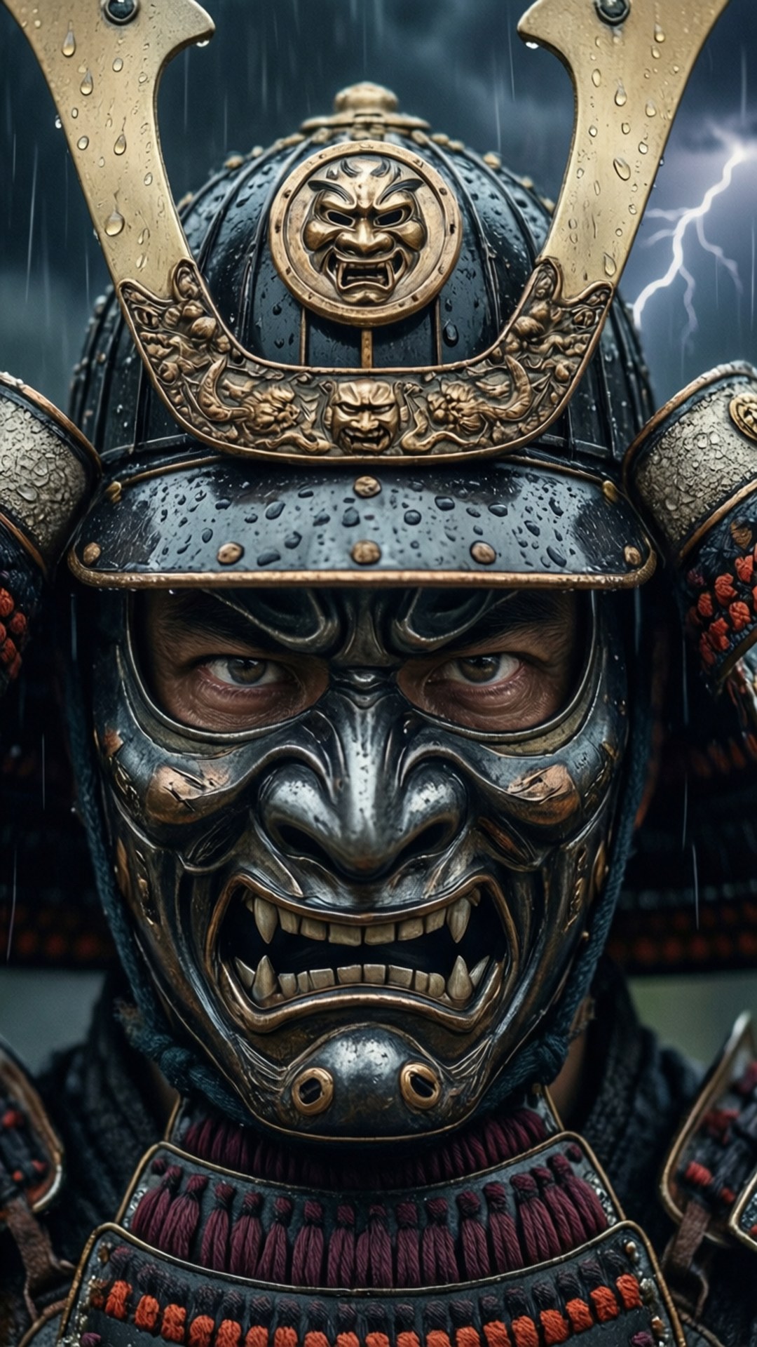 Bushido 桌布 壁紙 — 一位身穿華麗暗色鎧甲、飾有金色點綴的武士戰士，在閃電交加的暴風雨天空下兇猛凝視。