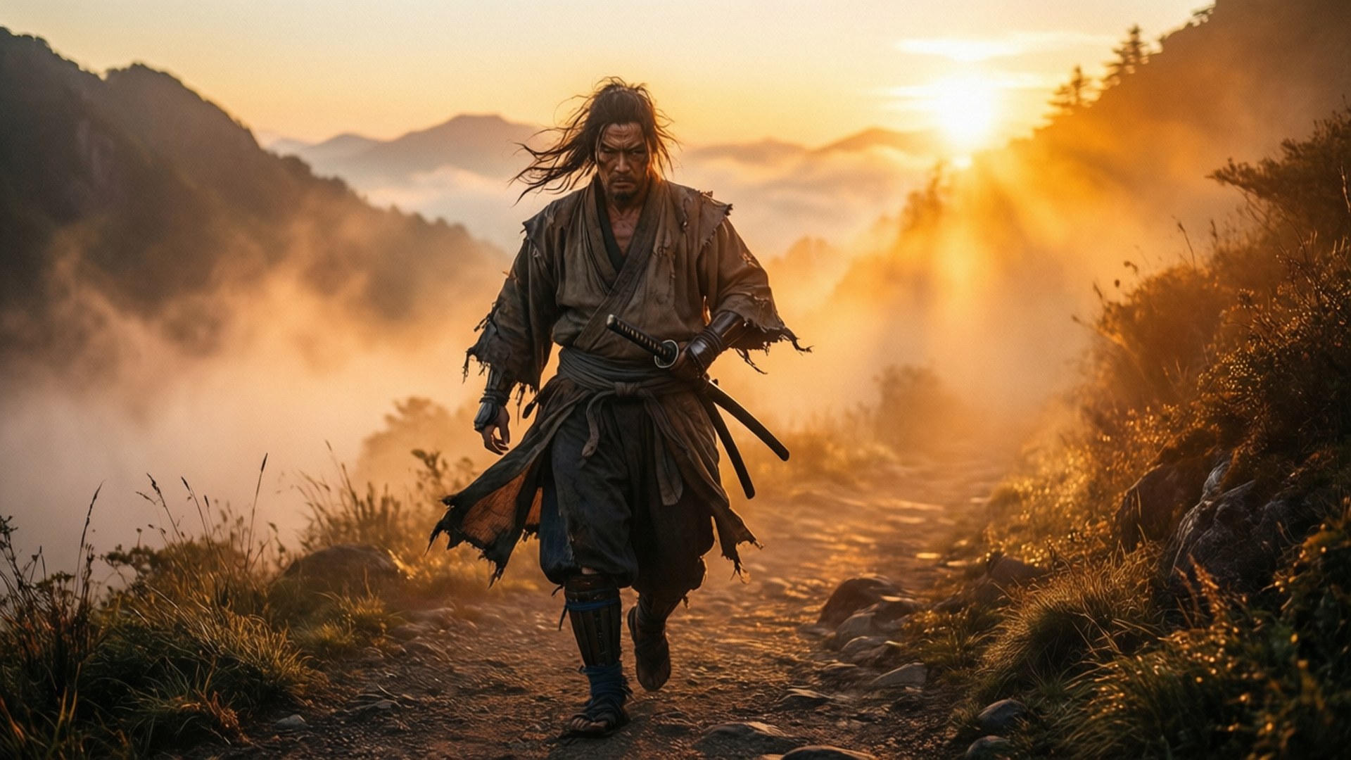 Ronin 桌布 壁紙 — 一位堅定的武士戰士在霧氣瀰漫的山路上奔跑，金色的日出光芒穿透迷霧。