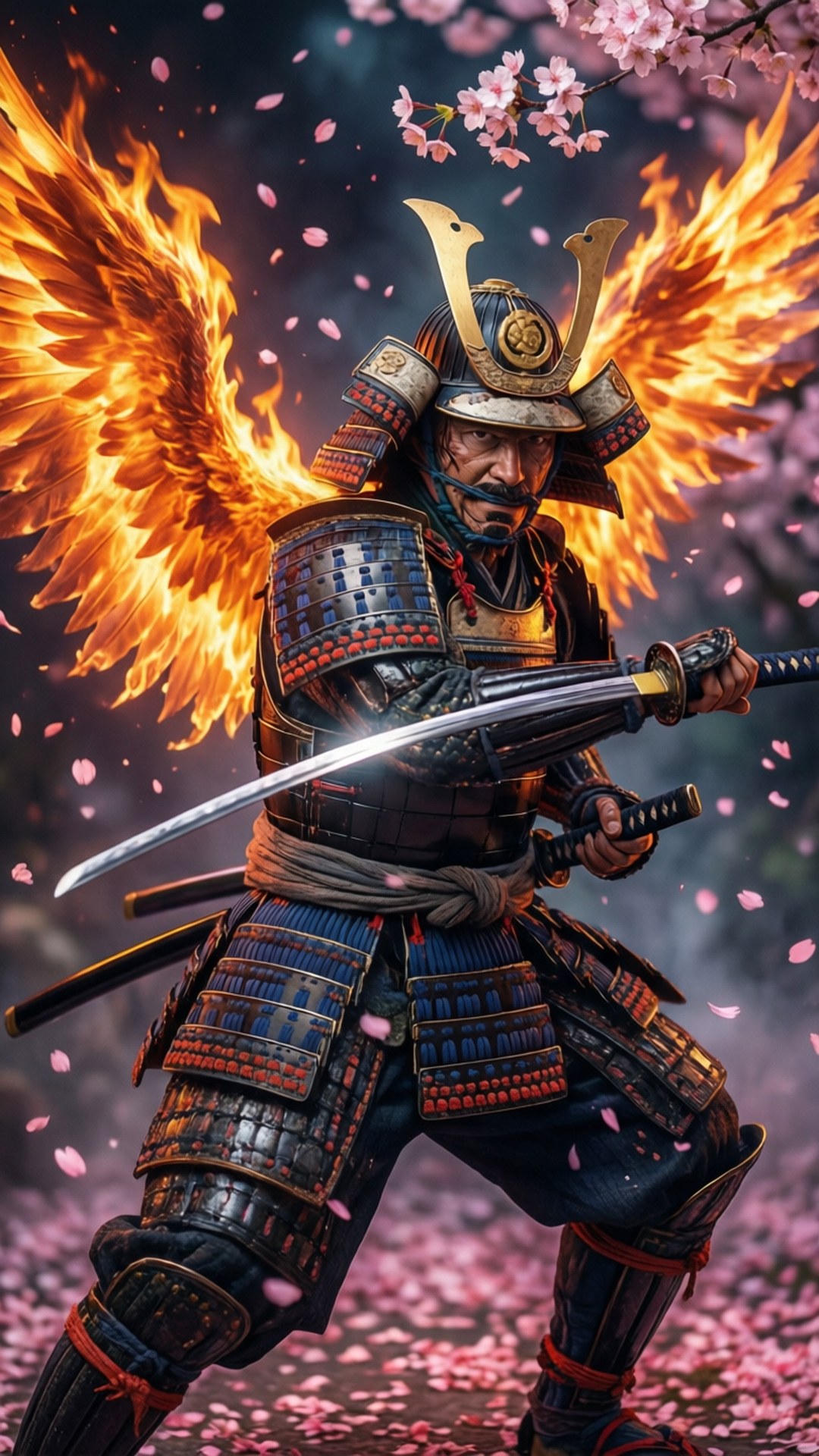 Samurai of Fire 壁紙 — 一位擁有火焰翅膀的武士戰士，在黑暗的天空下，手持武士刀，站在飄落的櫻花中。