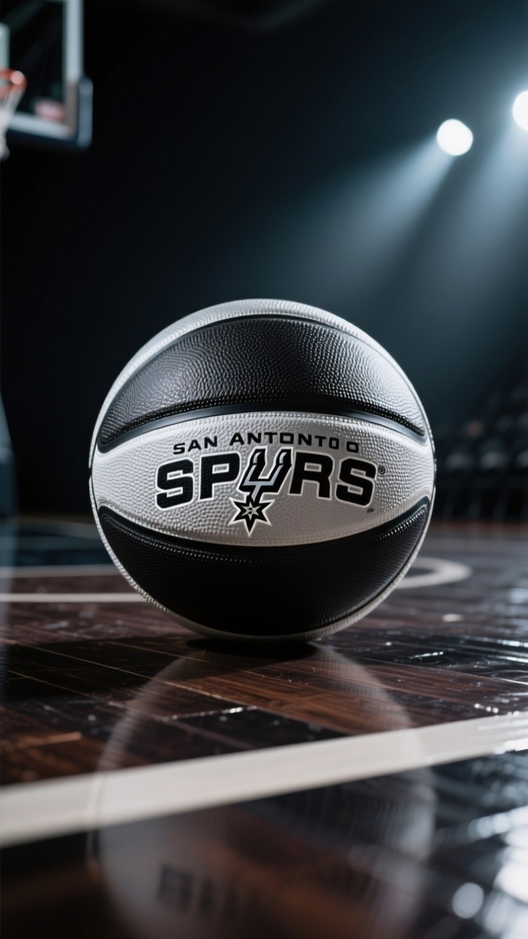 Spurs Basketball Close-Up 壁紙 — 一個聖安東尼奧馬刺隊籃球放在拋光木地板上，背景有籃框，在明亮的場館燈光下。