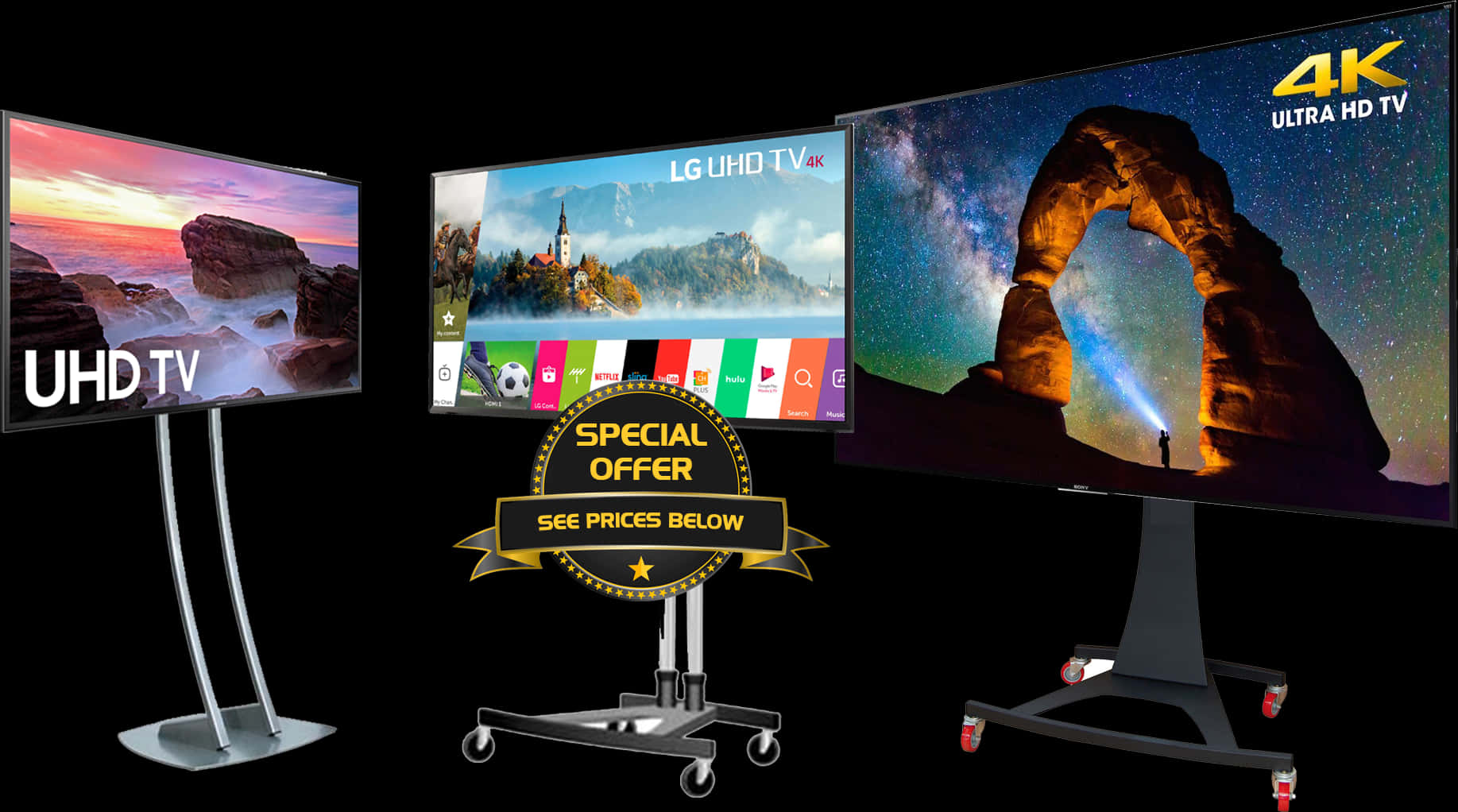 三部4K UHD電視機展示風景壁紙，並帶有特別優惠橫幅。 — 4K 壁紙