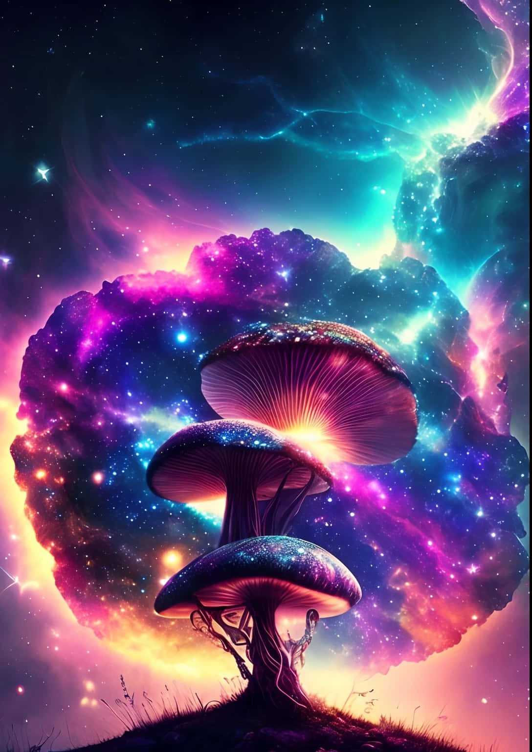  壁紙 — 三朵發光的蘑菇，背後有宇宙星雲和星星旋轉，營造出超現實的奇幻場景。