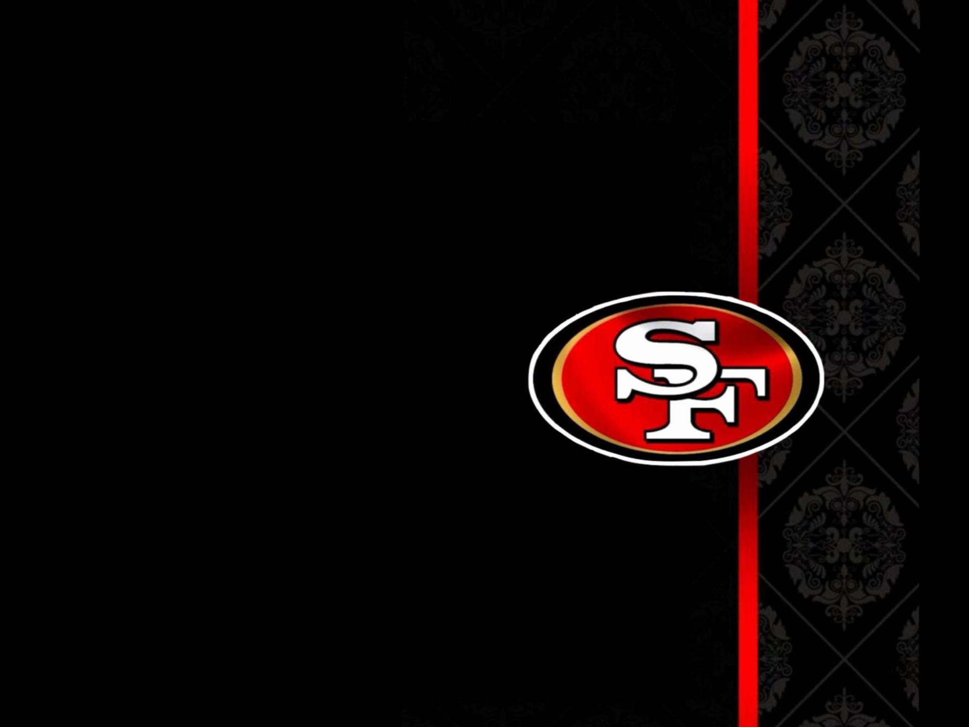 舊金山49人隊標誌在黑色背景上，帶有紅色條紋和錦緞圖案。 — 49Ers 壁紙