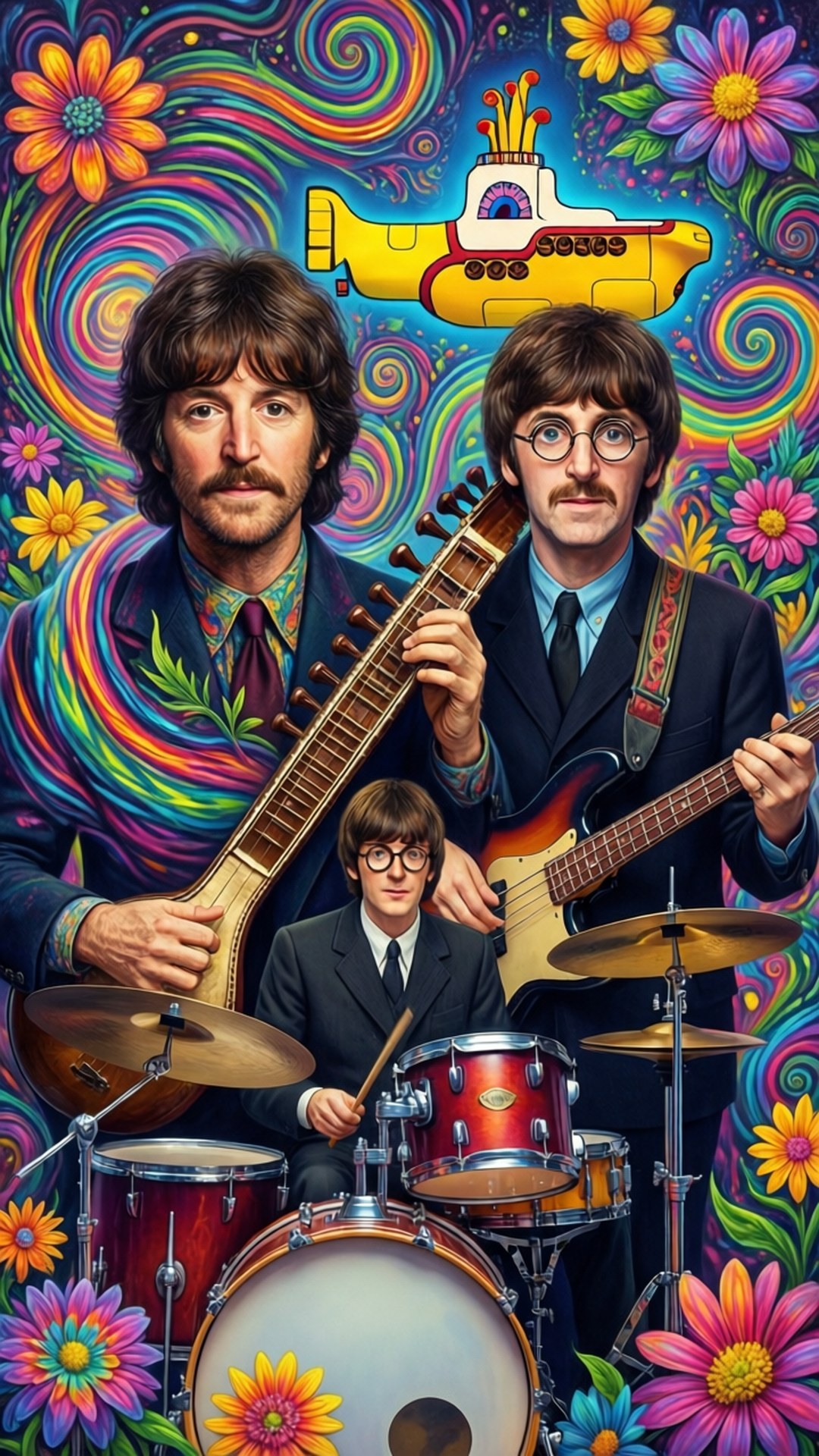 Yellow Submarine Psychedelia 壁紙 — 三個穿西裝的男人在迷幻漩渦背景中演奏樂器，背景有黃色潛艇和色彩繽紛的花朵。